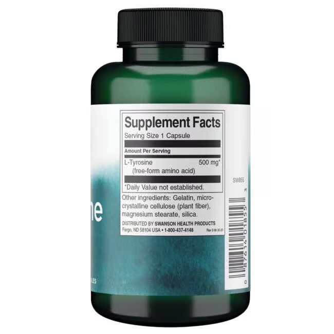 Retro del flacone verde. Etichetta bianca con informazioni nutrizionali. Contiene L-Tirosina, 500 mg.