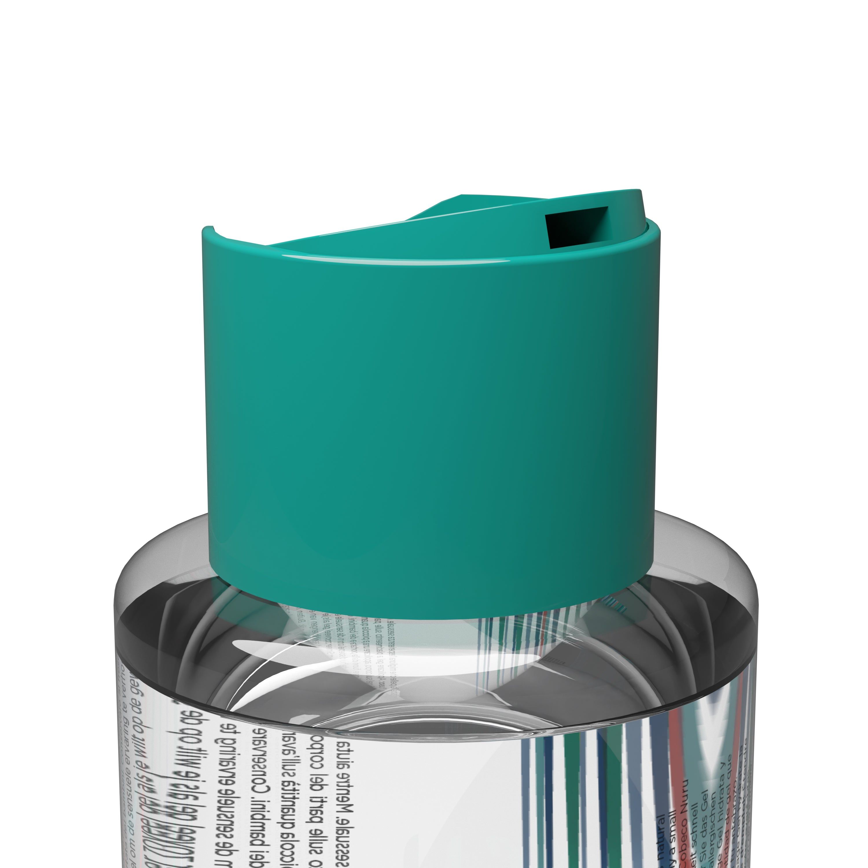 Primo piano di un tappo verde. Il tappo è fissato a una bottiglia trasparente.