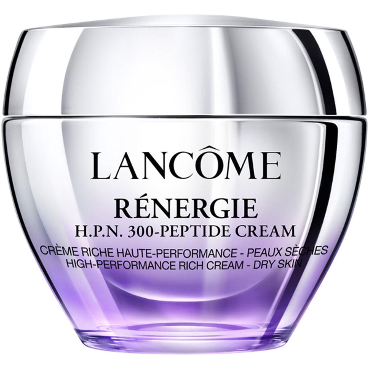 Vaso di crema con coperchio argentato. Scritta: Lancôme Rénergie H.P.N. 300-Peptide Cream. Crema per pelli secche.