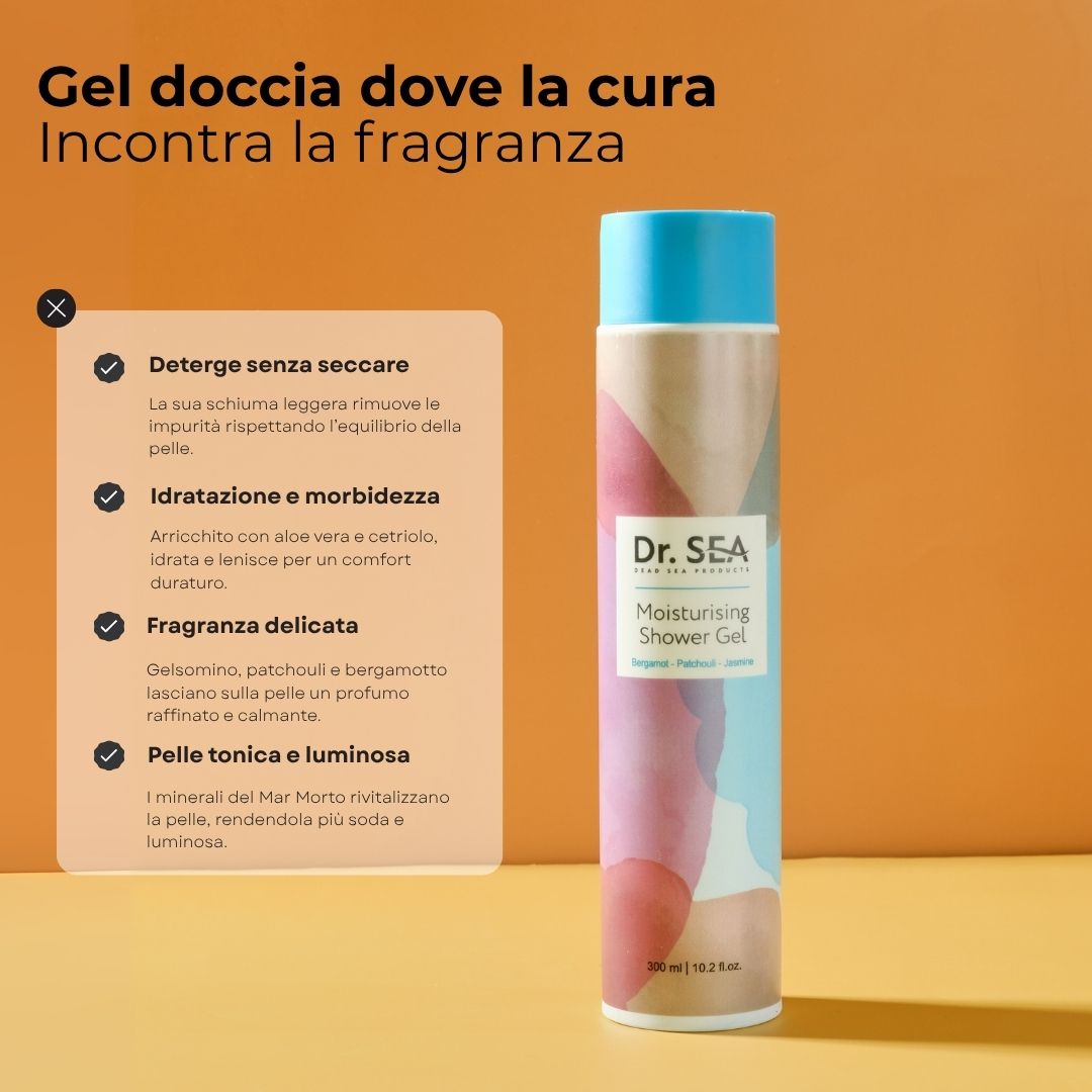 Flacone del prodotto accanto all'infografica. Flacone: Dr. SEA, Moisturising Shower Gel. Infografica: vantaggi, ingredienti, tipi di pelle.
