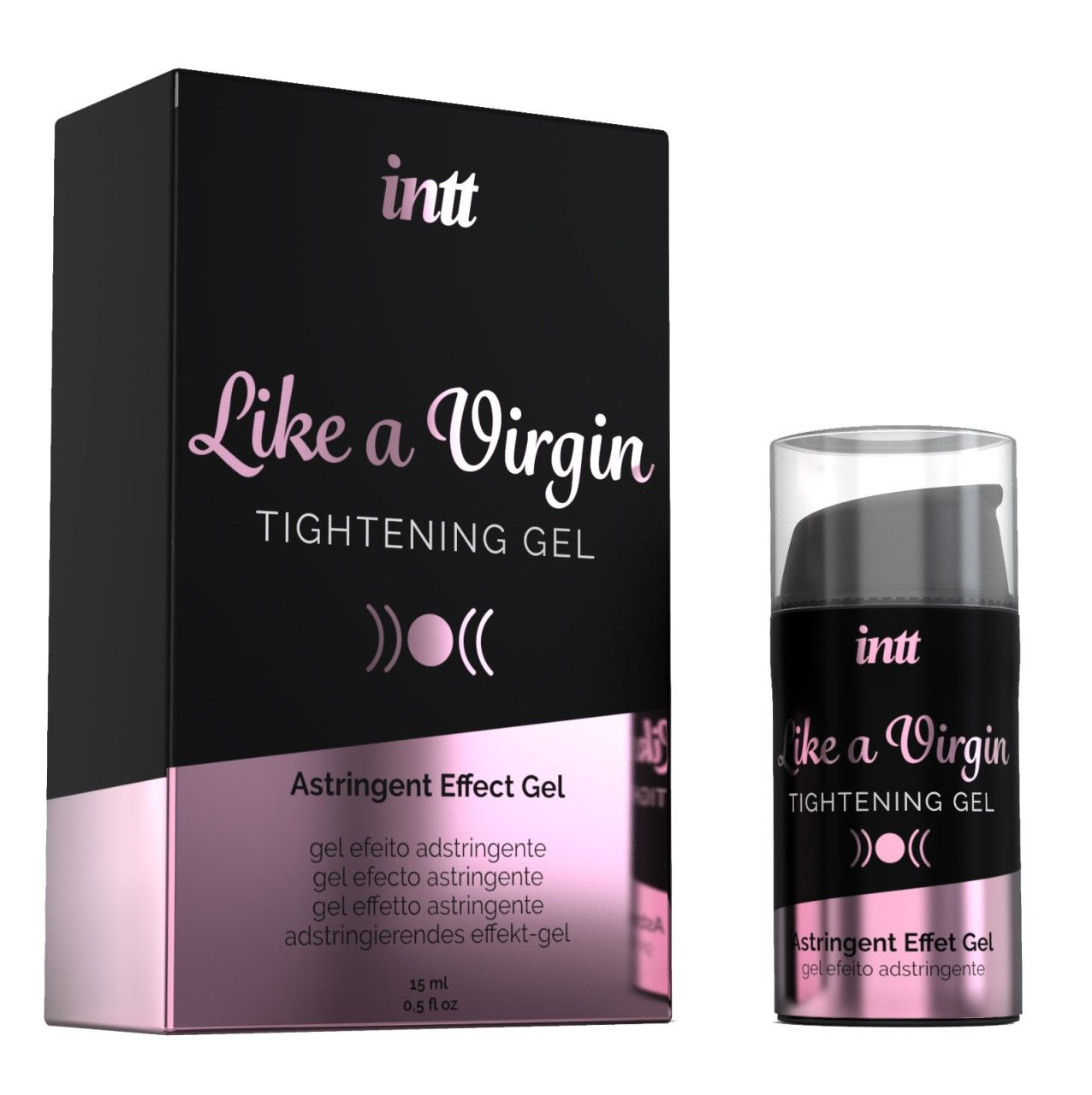 Confezione e flacone erogatore INTT Like A Virgin Tightening Gel, 15 ml.