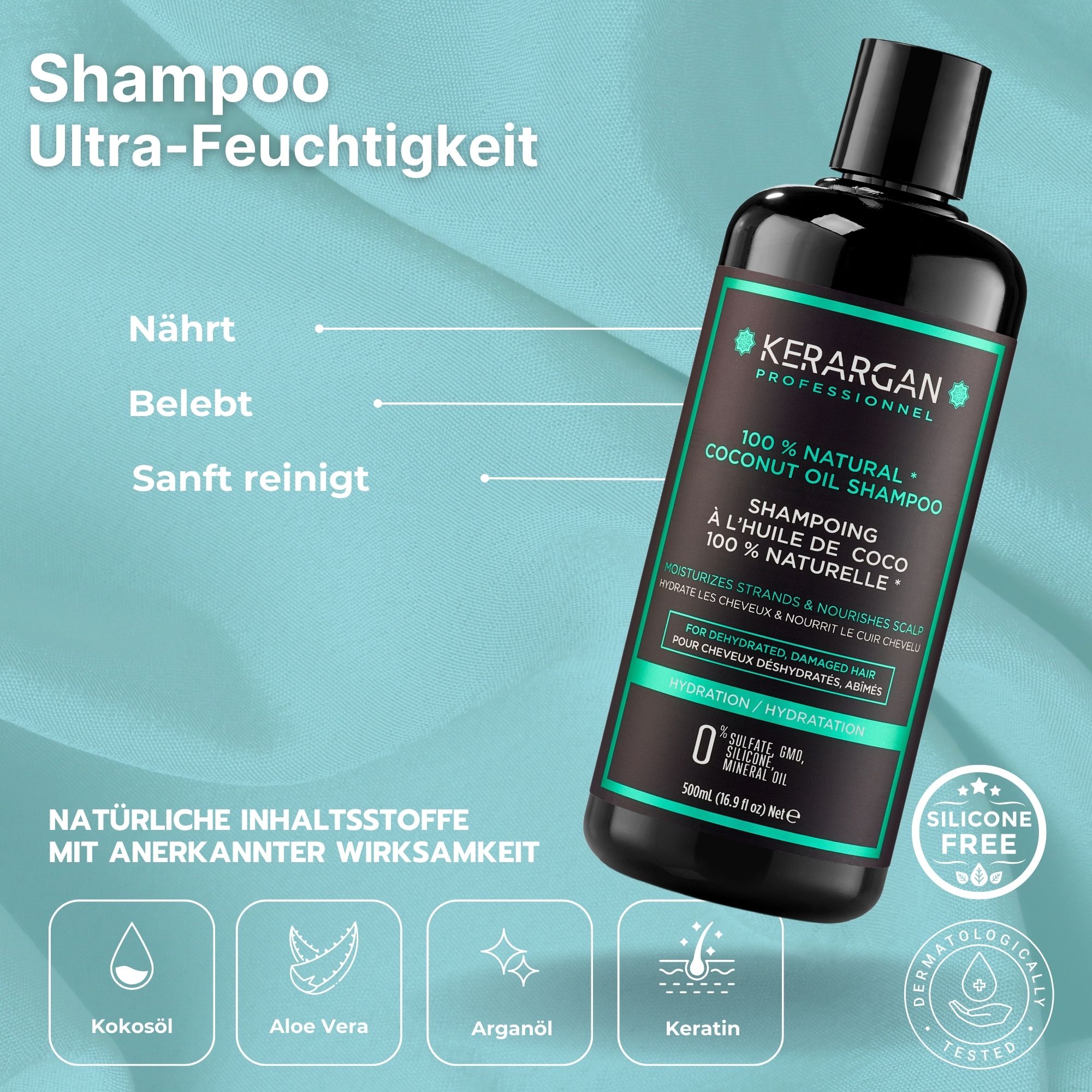 Kerargan - Trio Shampoo, Balsamo & Maschera Olio di Cocco - Capelli Disidratati - Senza solfati, OGM