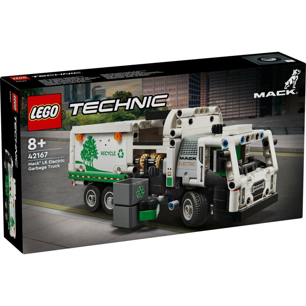 Confezione camion della spazzatura LEGO Technic. Bianco, verde e grigio. Logo riciclo. Immagine del prodotto.
