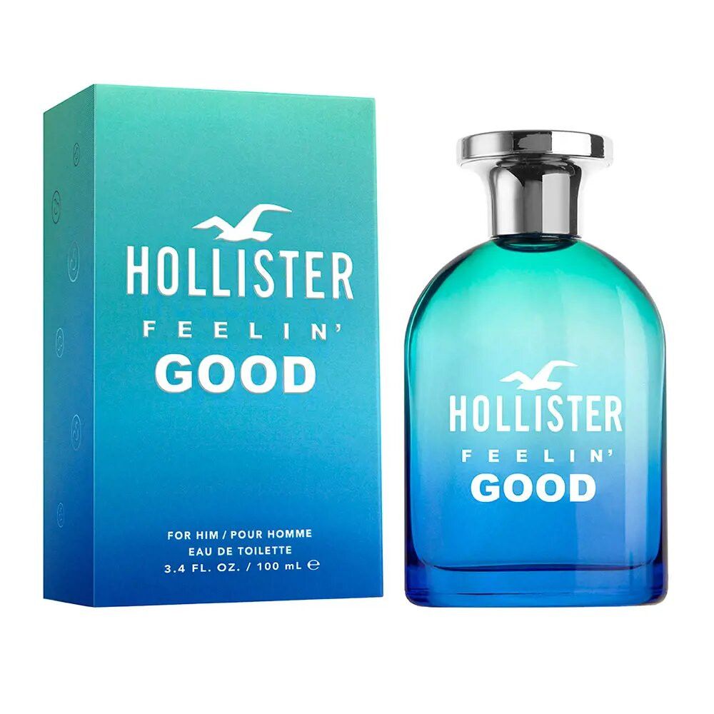 Flacone e confezione blu-verde. Confezione con scritta: Hollister Feelin' Good. Logo: gabbiano. Flacone con tappo argentato.