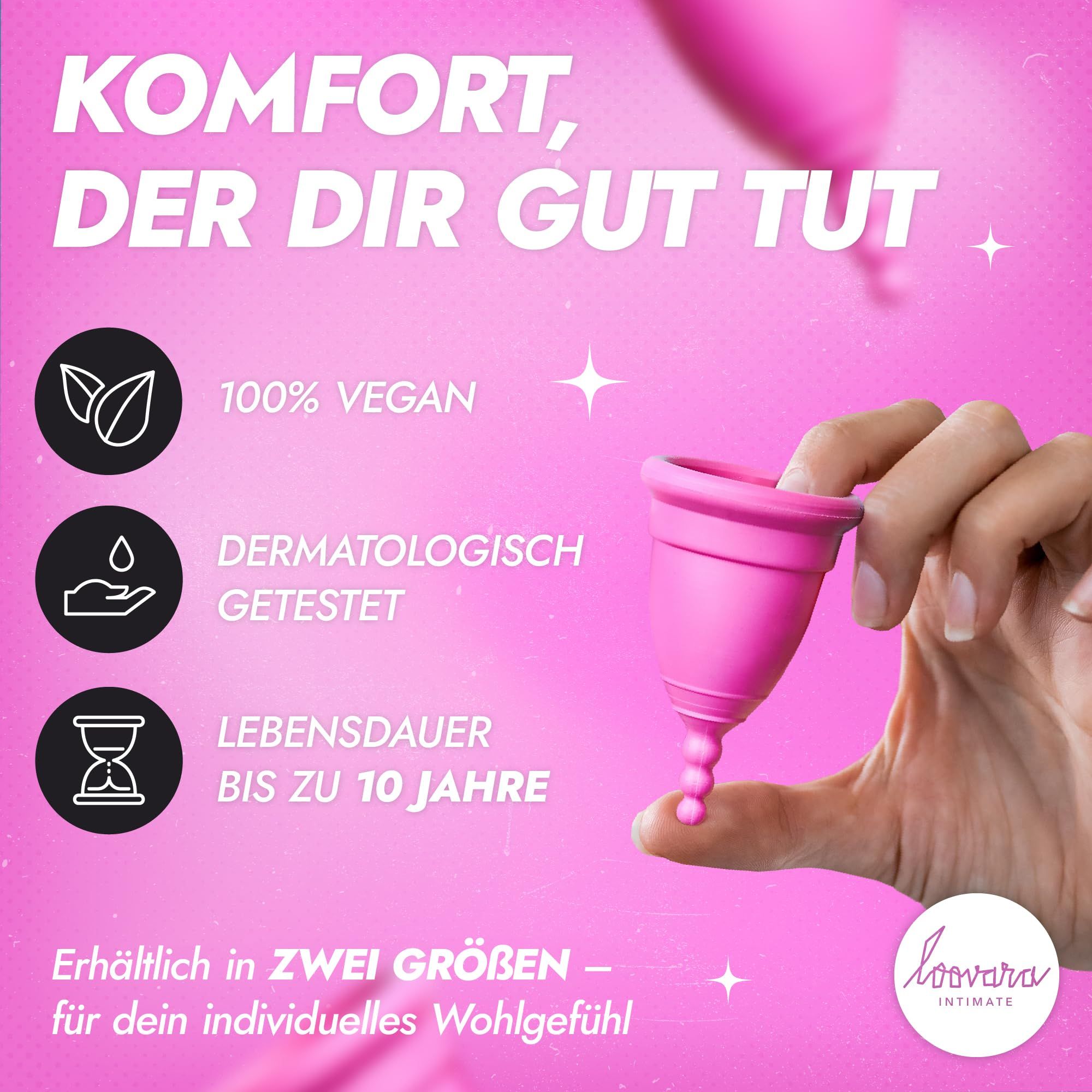 Coppetta mestruale rosa taglia M in gomma naturale, testata dermatologicamente.