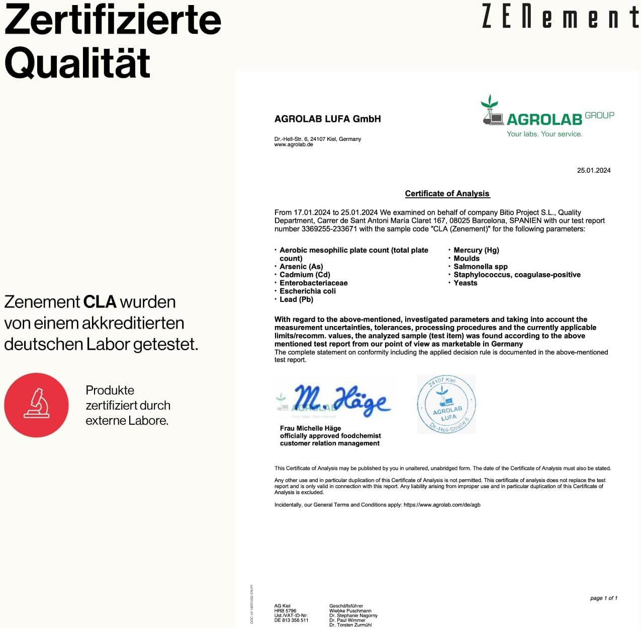 Certificato di certificazione per Zenement CLA. Laboratorio tedesco accreditato. Prodotti certificati da laboratori esterni. Testo: Qualità certificata.