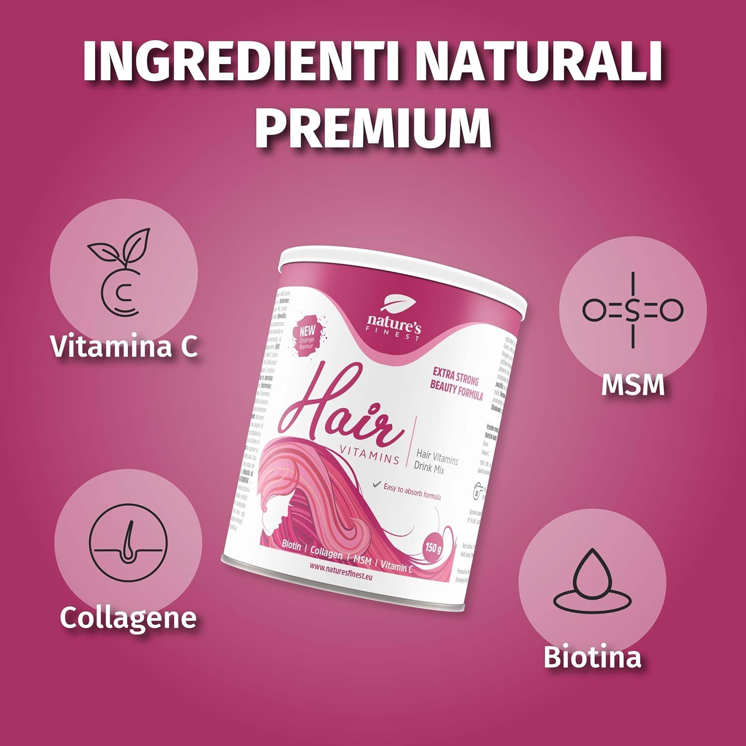 Confezione del prodotto Nature's Finest Hair Vitamins. Barattolo con testo e illustrazioni. Ingredienti: Vitamina C, MSM, collagene, biotina.