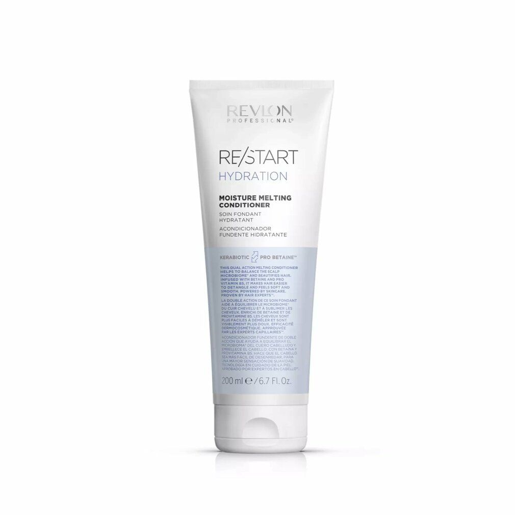 Tubo bianco Revlon Re-Start Hydration Conditioner. Testo: Moisture Melting Conditioner, 200 ml/6.7 fl oz.