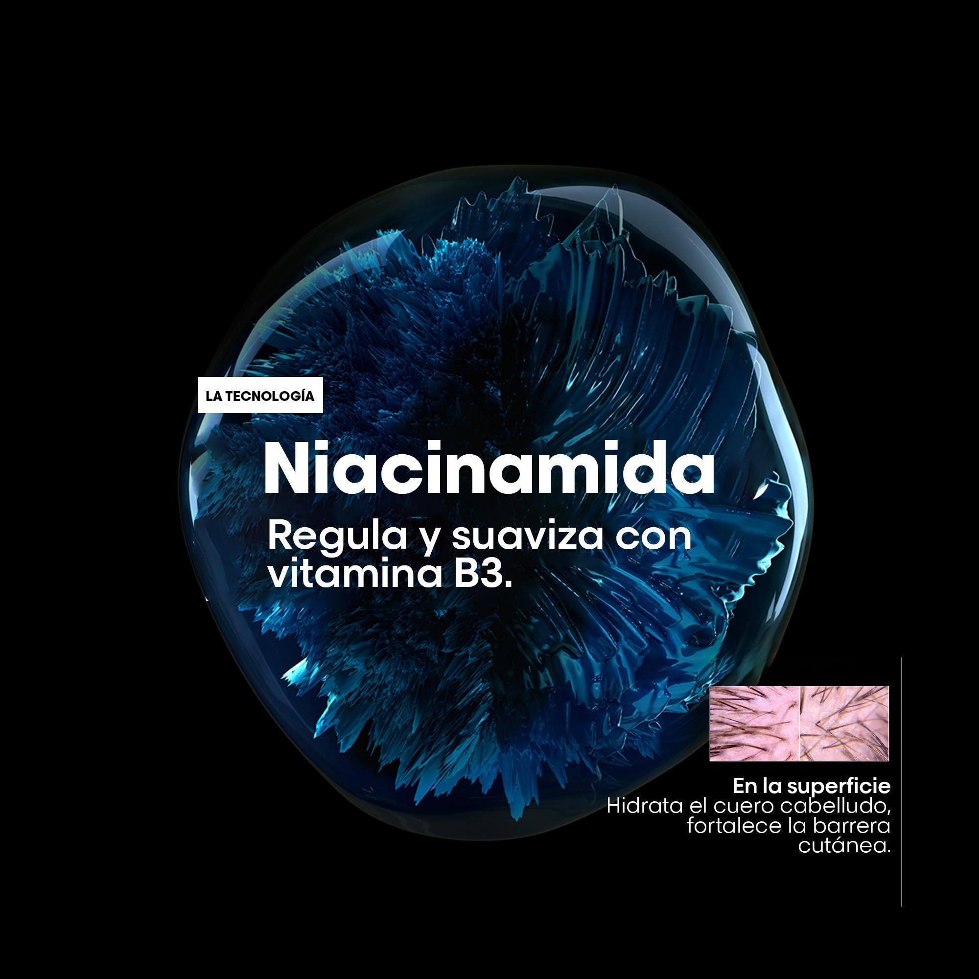 Bolla blu trasparente con testo: Niacinamide. Regola e leviga con vitamina B3. Piccola immagine: superficie della pelle.