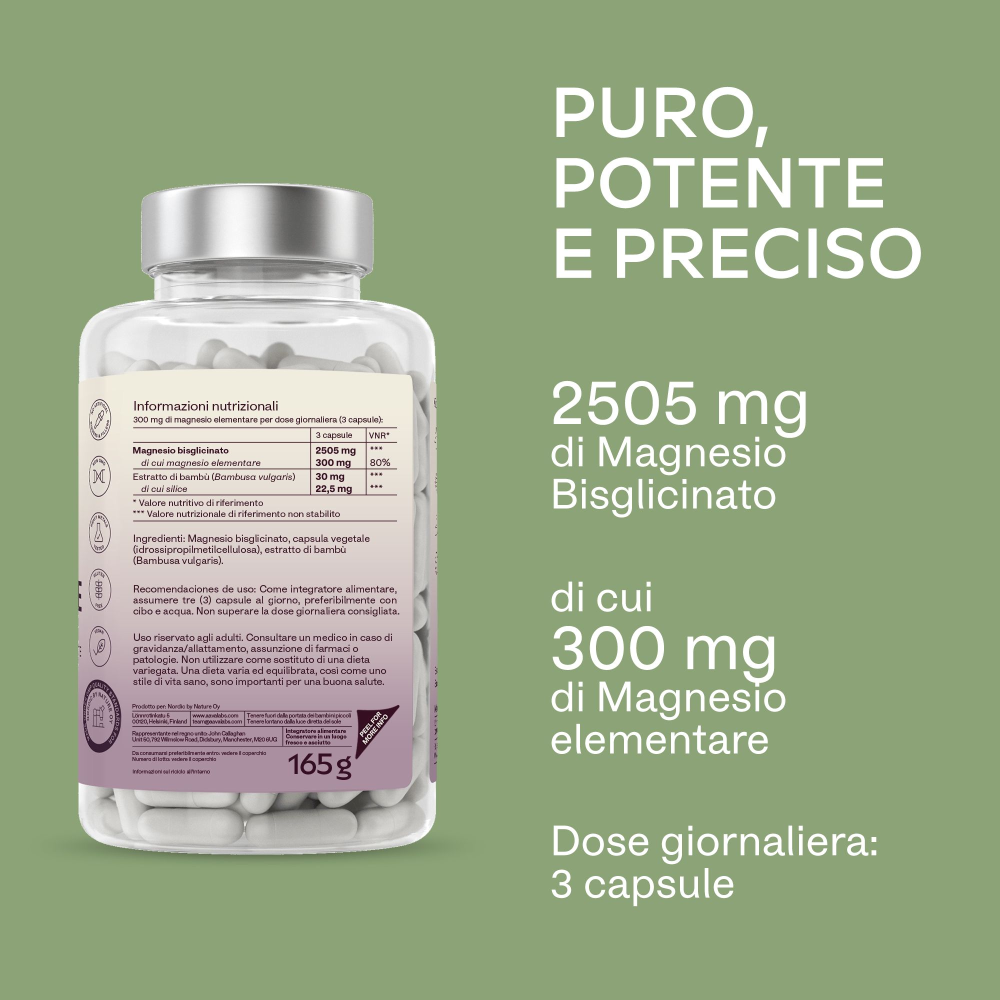 Retro del flacone con capsule. Informazioni su ingredienti e valori nutrizionali.