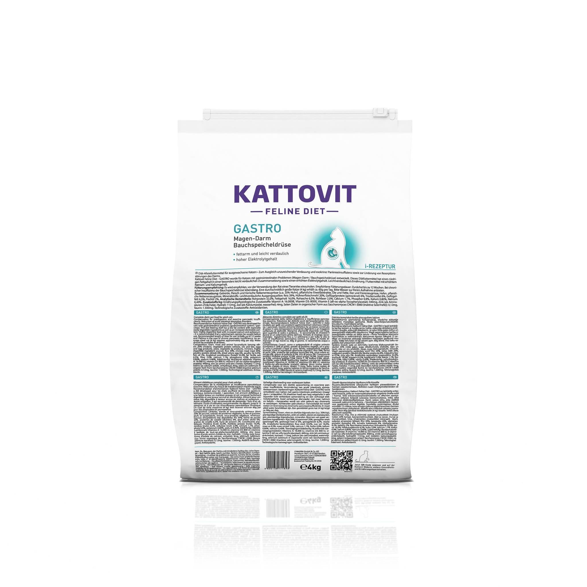 Sacchetto bianco KATTOVIT Gastro Trockenfutter. Testo: Gastro, Magen-Darm, Bauchspeicheldrüse. 4kg. Codice a barre e QR.