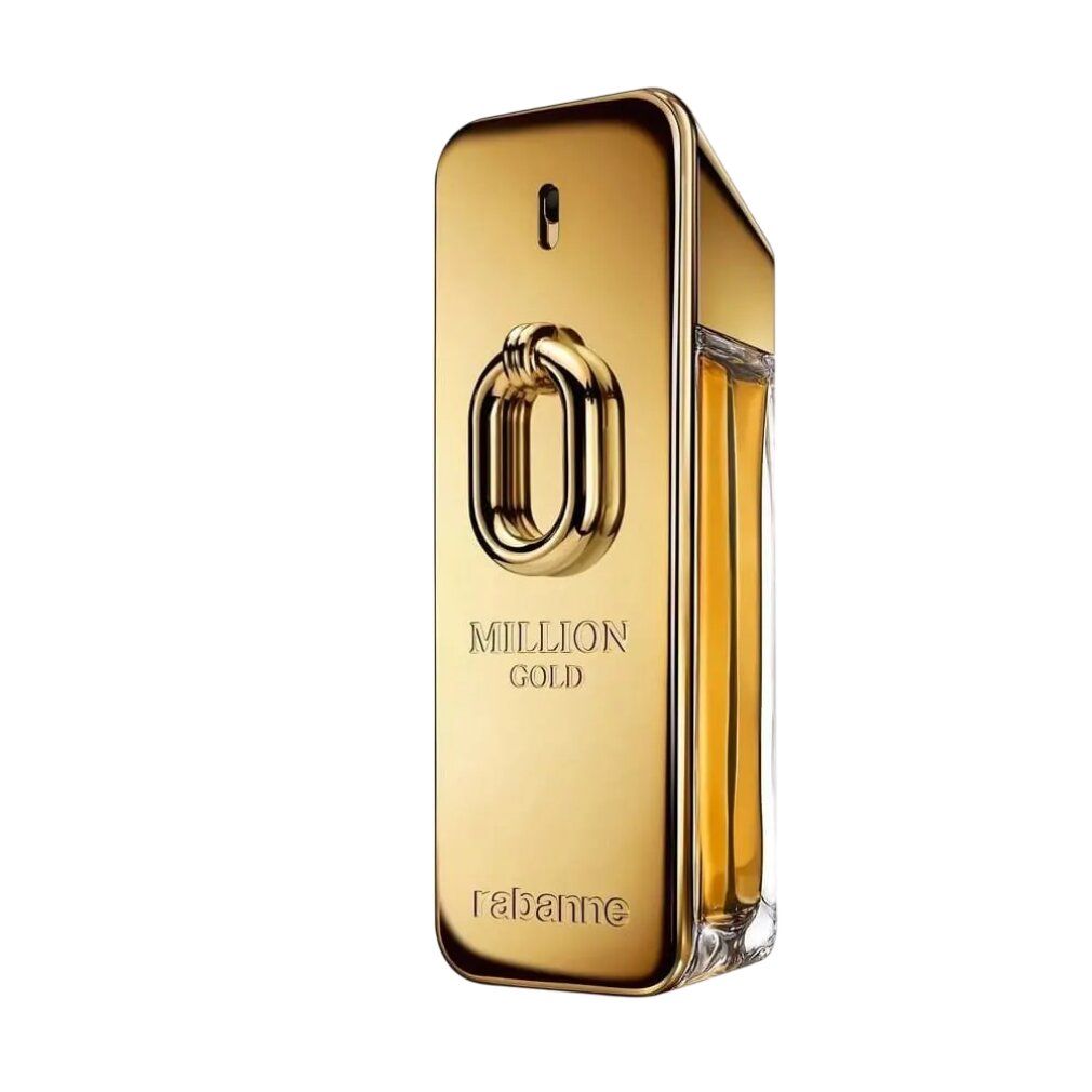 Flacone dorato con vaporizzatore. Scritta: Million Gold, Rabanne. Forma rettangolare con chiusura dorata.
