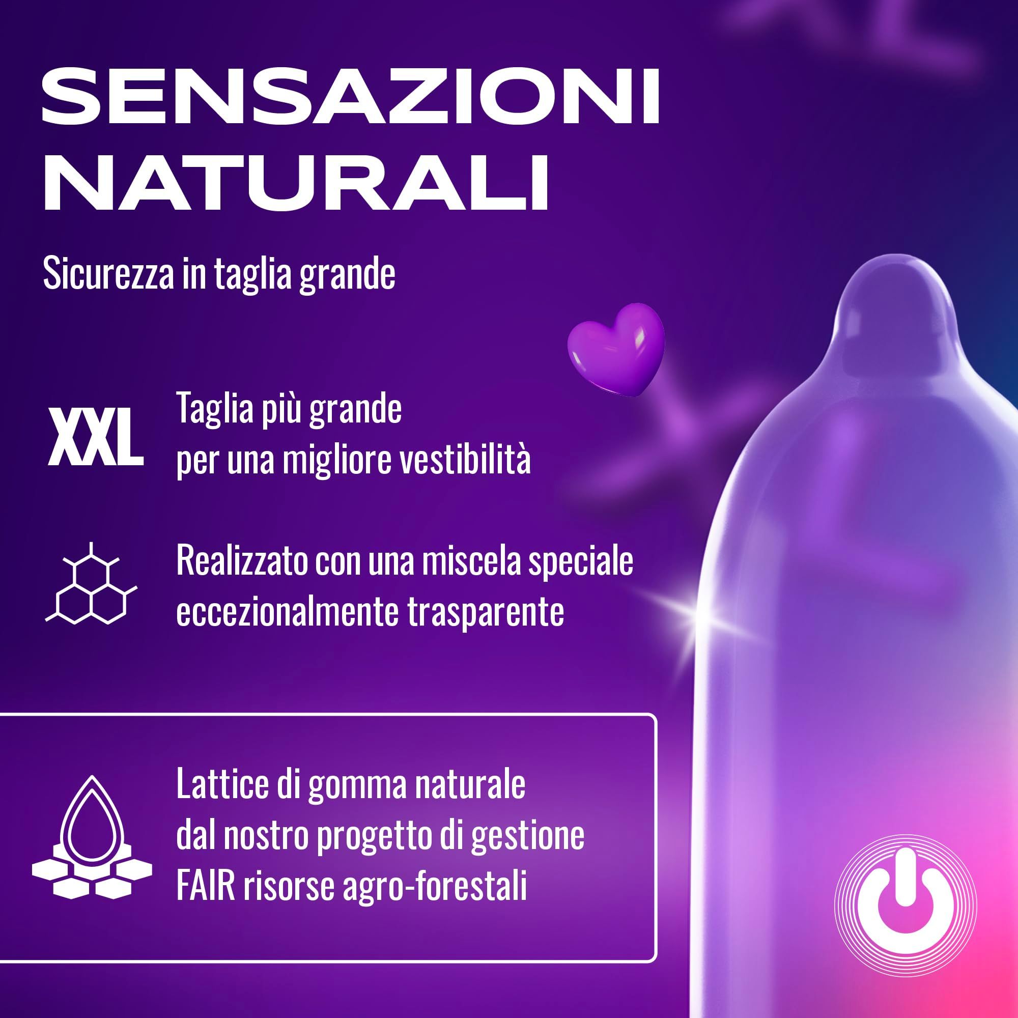 Un preservativo ON) taglia XXL, trasparente, in lattice di gomma naturale.