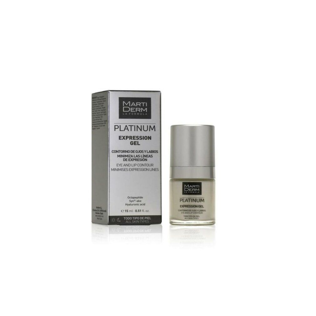 Prodotto e confezione. Scritta: Marti Derm Platinum Expression Gel. Per il contorno occhi e labbra. Con scatola.
