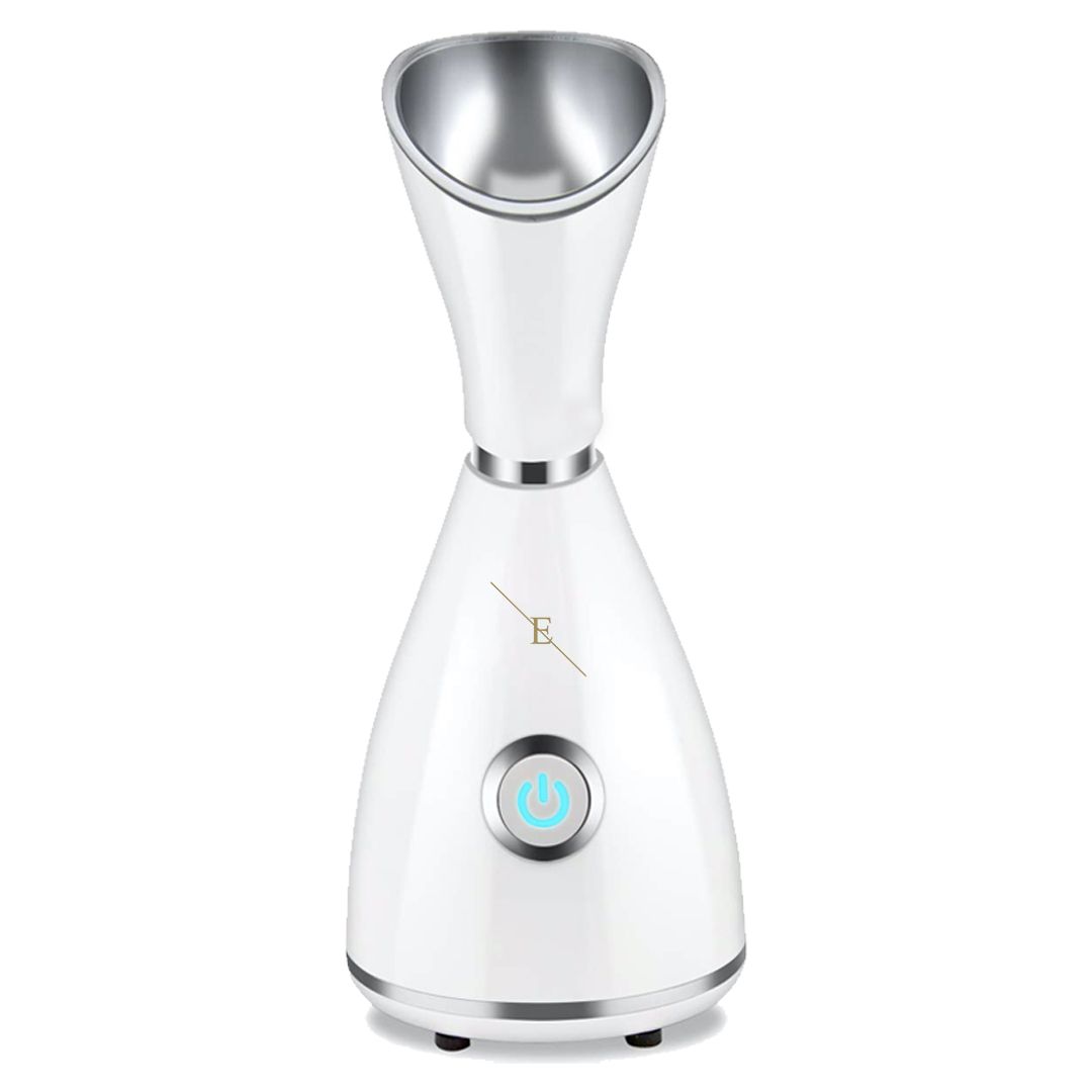 Vaporizzatore facciale bianco con testa a vapore argentata. Pulsante blu sulla parte anteriore.