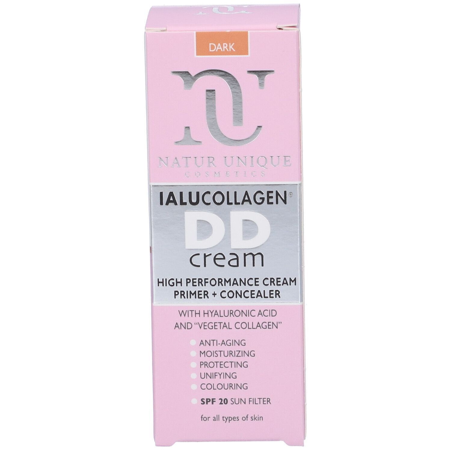 Confezione. Testo: Natur Unique Cosmetics, IALUCOLLAGEN DD cream, Dark. Con acido ialuronico e collagene vegetale.