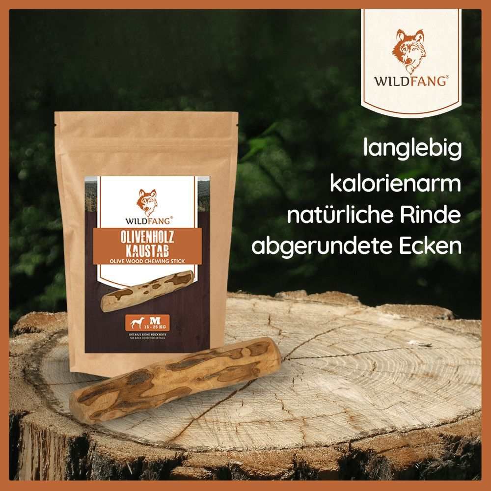 Bastoncino masticabile in legno d'ulivo, marrone, angoli arrotondati. Confezione con immagine del prodotto e testo: Olivenholz Kaustab, corteccia naturale.