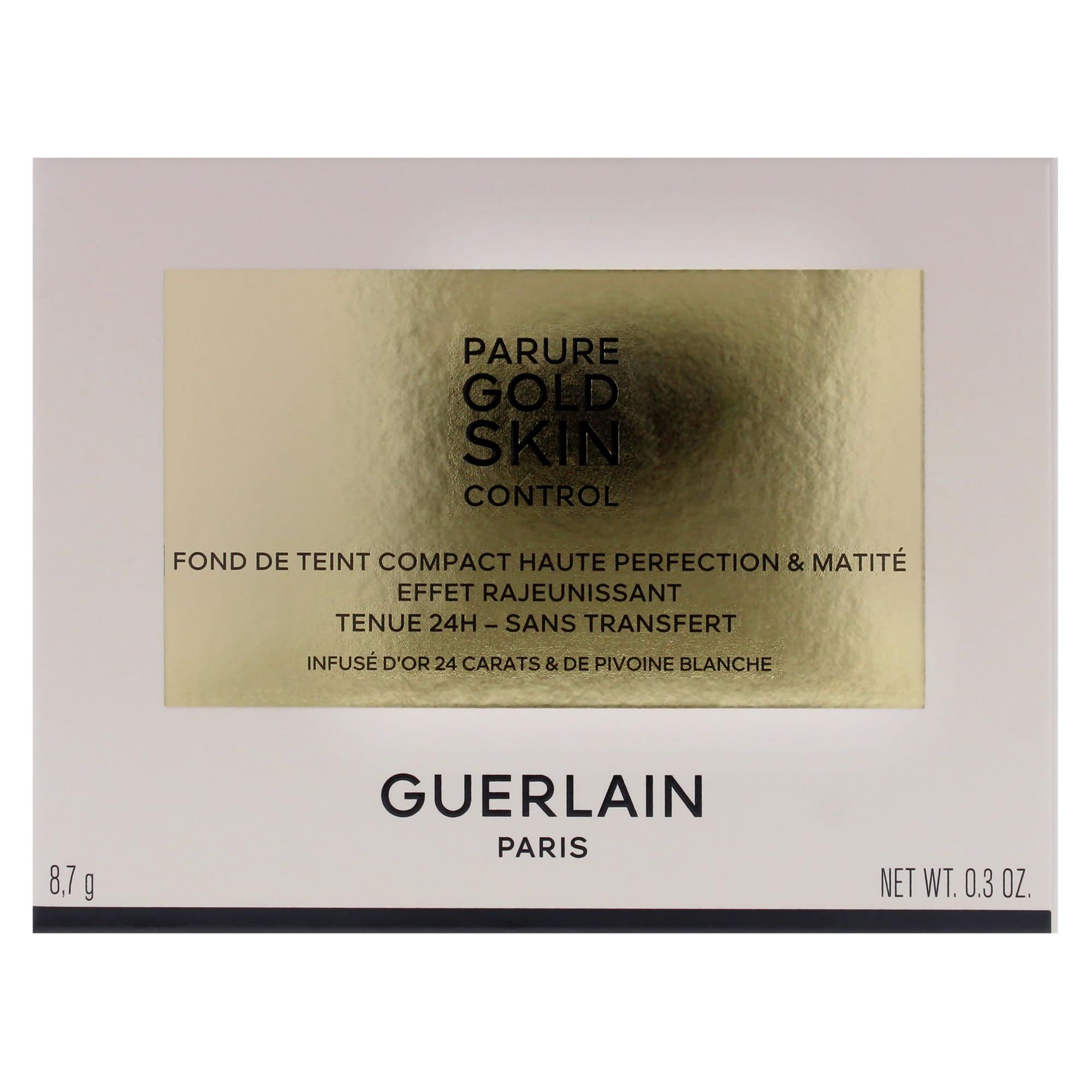 Confezione dorata con nome del prodotto e del marchio. Testo multilingue. Contenuto netto 0,3 oz.
