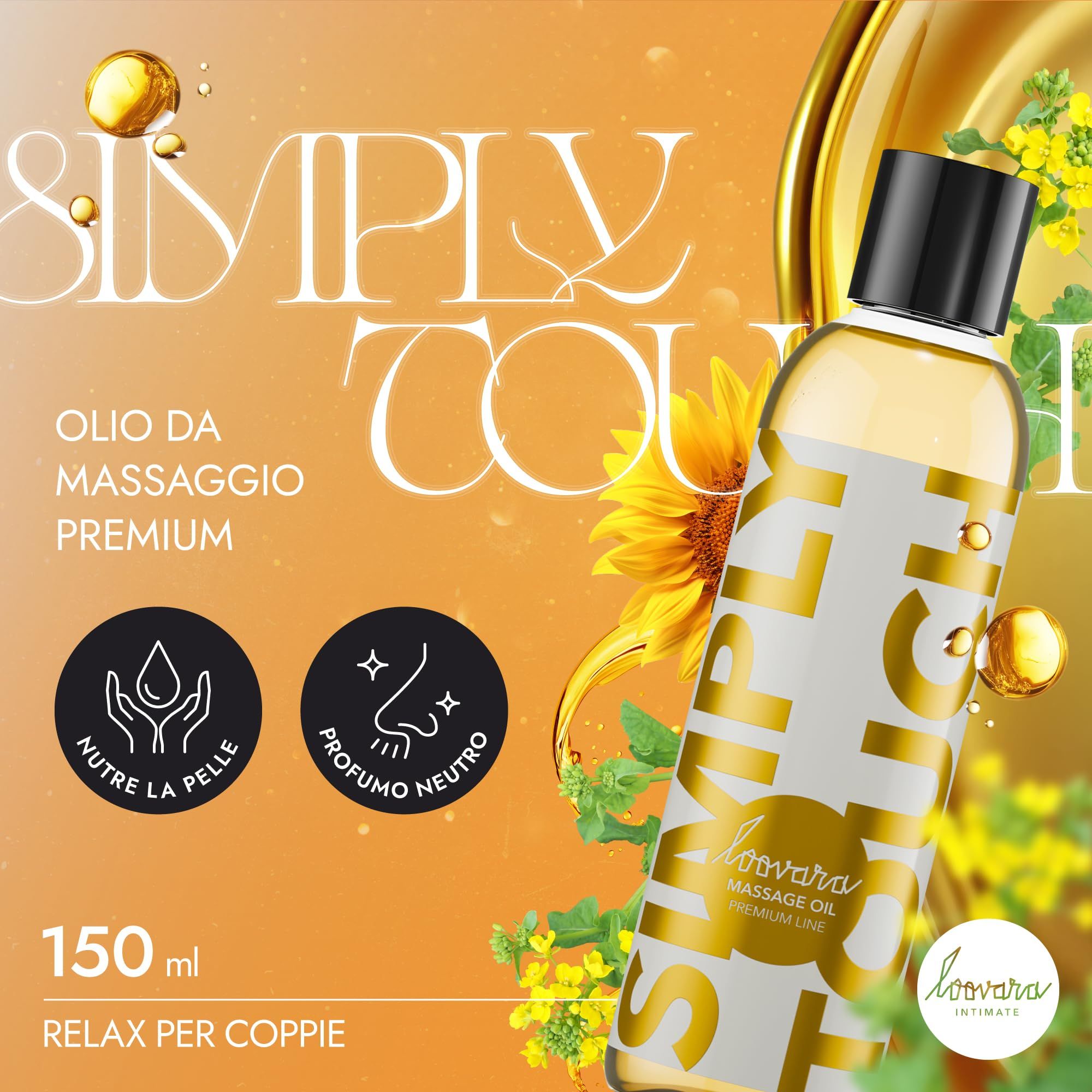 Flacone di olio da massaggio Loovara Simply Touch vicino a girasoli e fiori gialli.