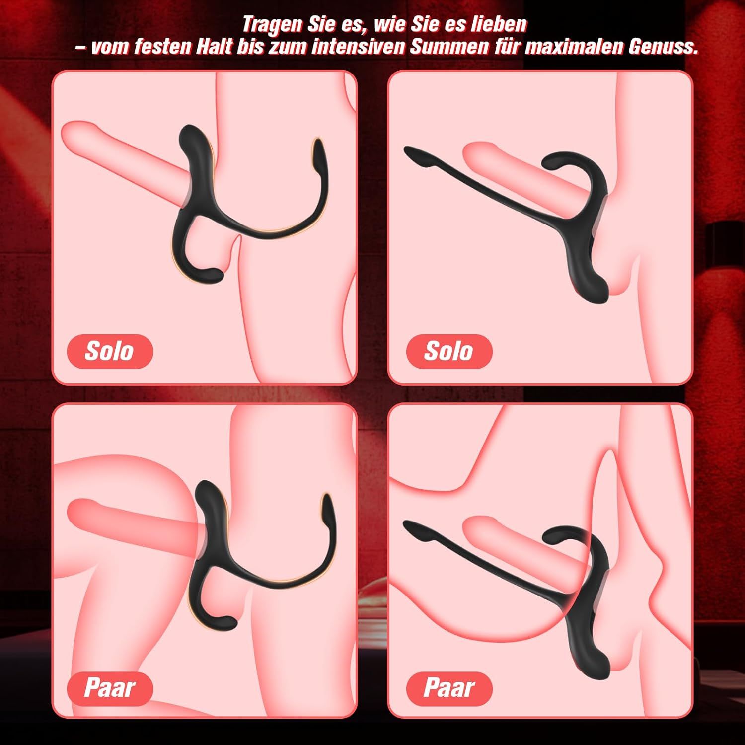 Quattro diagrammi mostrano l'uso del prodotto. Dispositivo nero sul pene. Testo: Solo e Coppia. Per il massimo piacere.