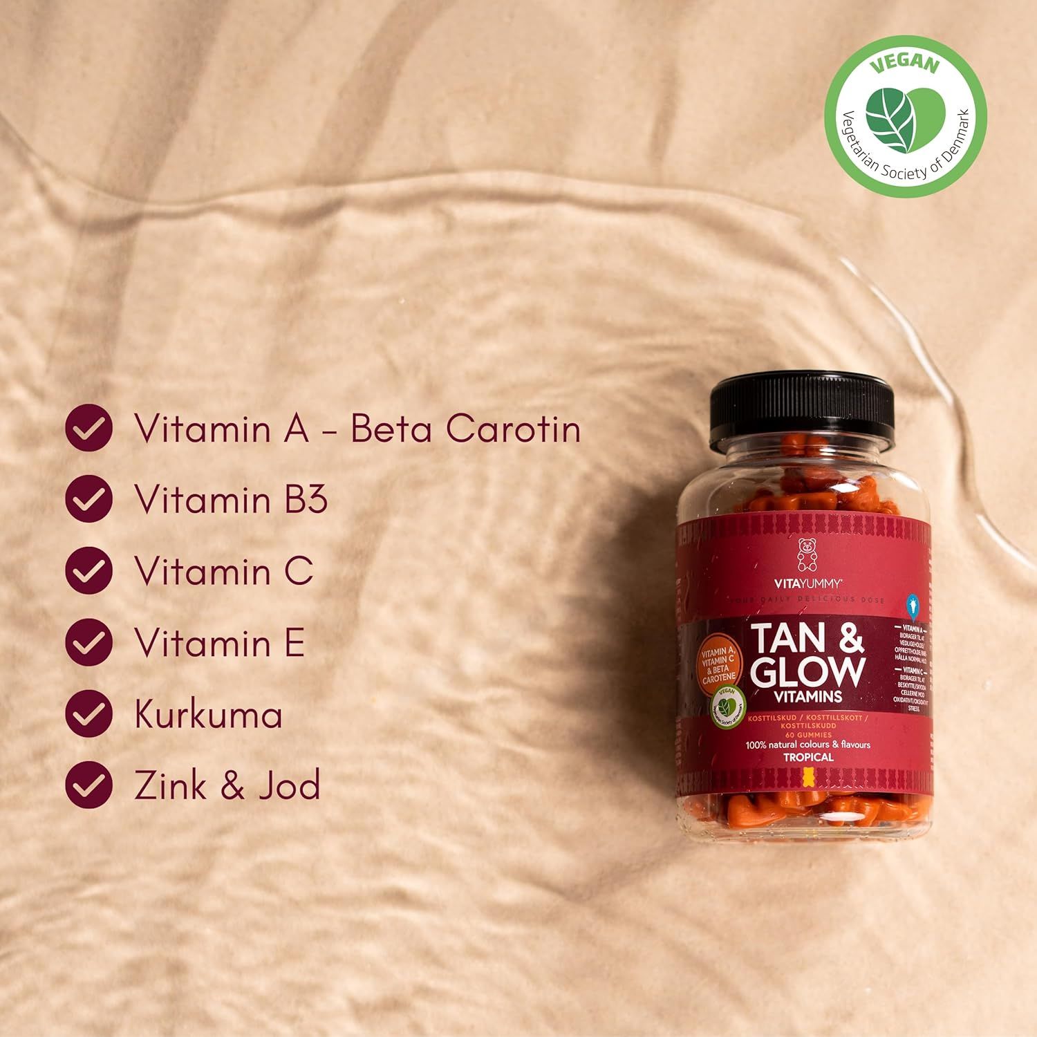 Barattolo di VitaYummy Tan & Glow. Contiene vitamine A, B3, C, E, curcuma, zinco e iodio. Sigillo vegano.