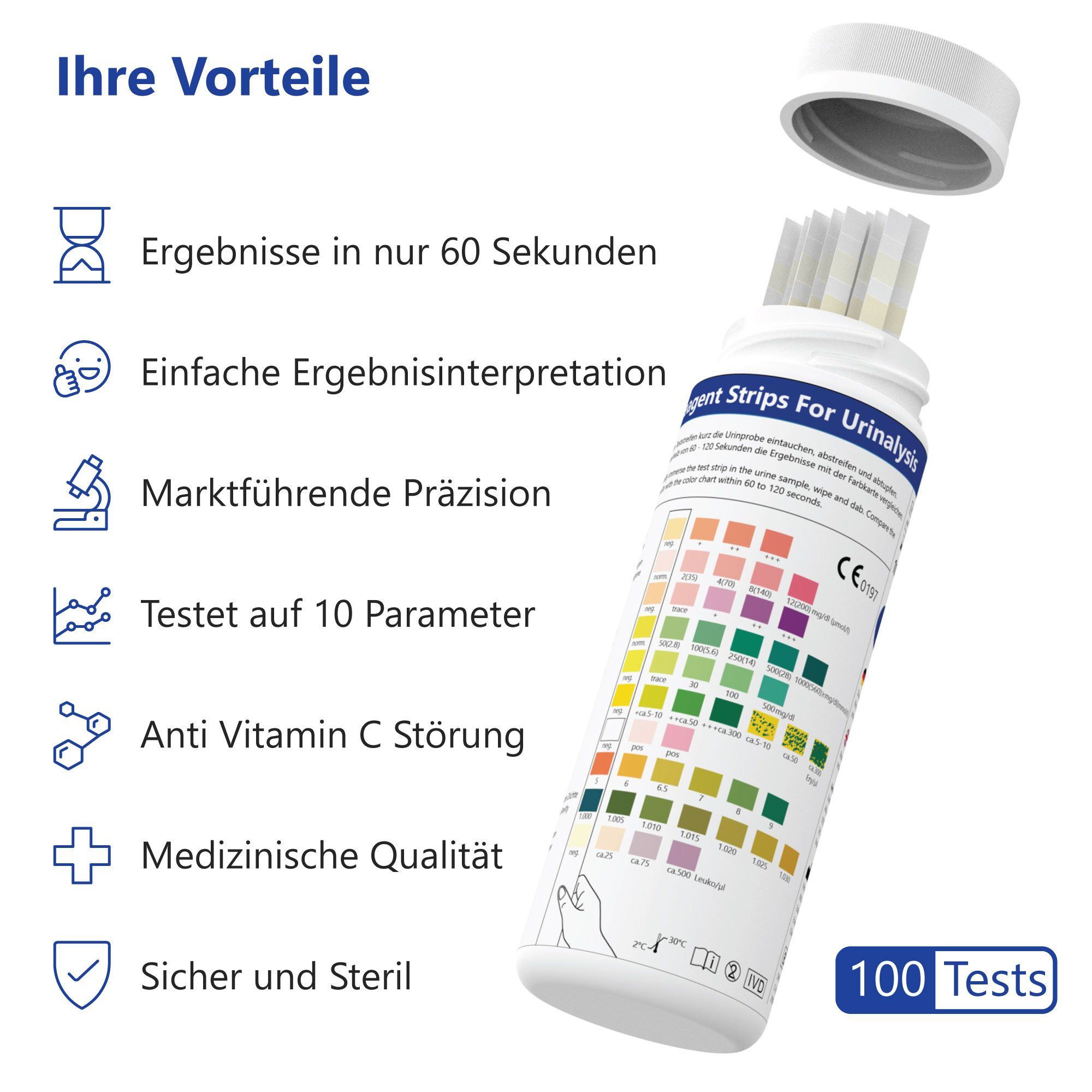 Flacone di strisce reattive aperto. Scritta: Reagent Strips For Urinalysis, 100 test. Vantaggi: risultati in 60 secondi, ecc.