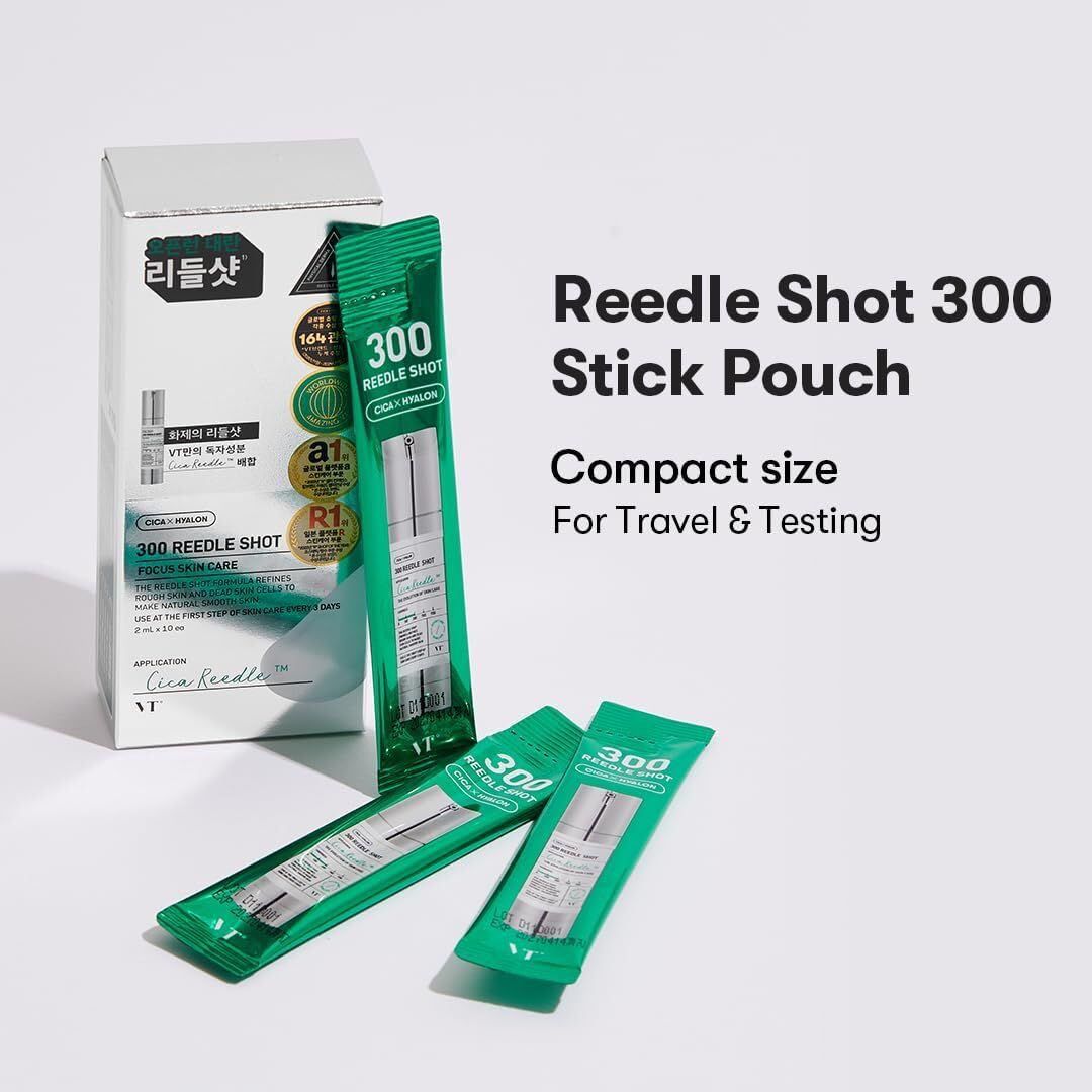 Diverse bustine singole VT COSMETICS 300 Reedle Shot. Design verde e bianco. Testo: 300 REEDLE SHOT, Compact size.