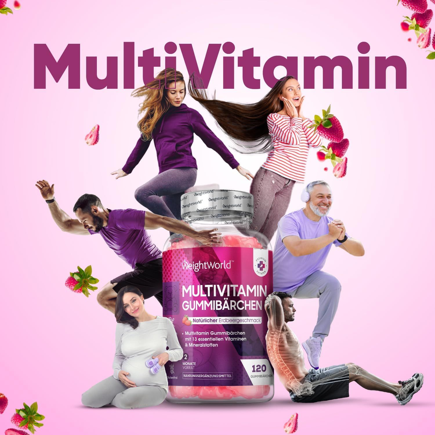 WeightWorld Multivitamin Gummibärchen. 120 caramelle gommose. 13 vitamine e minerali. Gusto fragola. Persone in movimento.