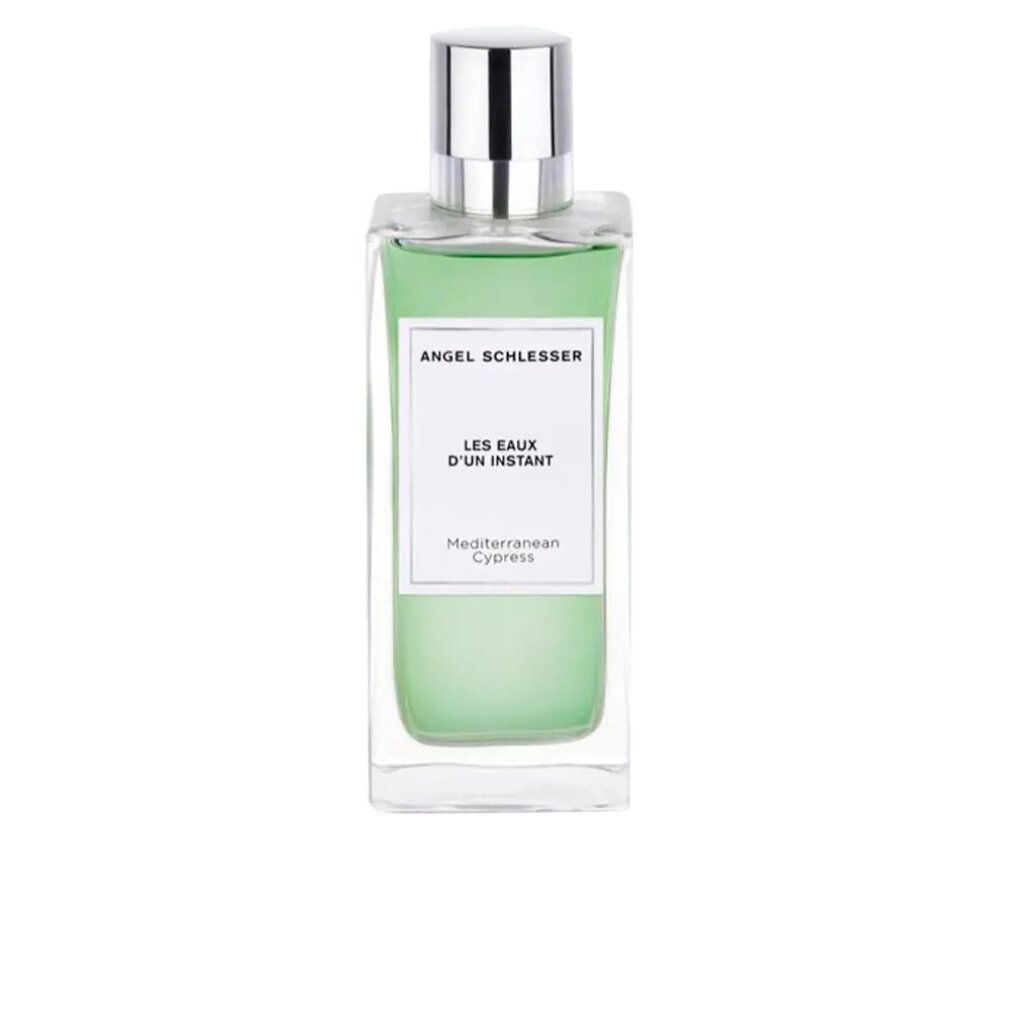 Flacone in vetro con tappo argentato. Scritta: Angel Schlesser, Les Eaux d'un Instant, Mediterranean Cypress.