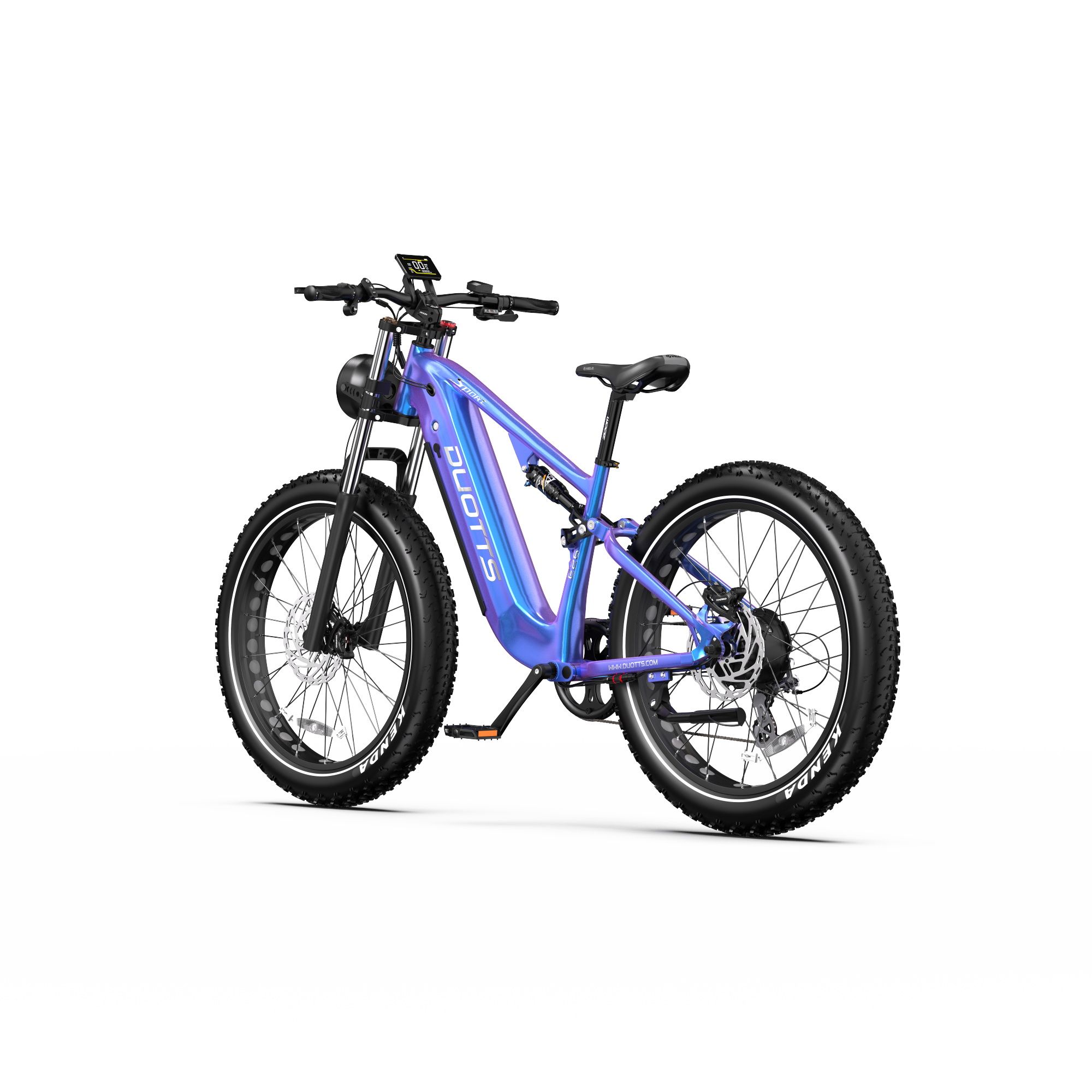Mountain bike elettrica sfumata. Pneumatici, sella e manubrio neri. Logo DUOTTS sul telaio. Faro anteriore.