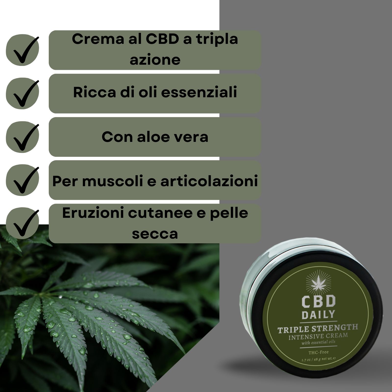 Vasetto di crema e foglia di cannabis. Testo: Crema al CBD a tripla azione, ricca di oli essenziali, con aloe vera.