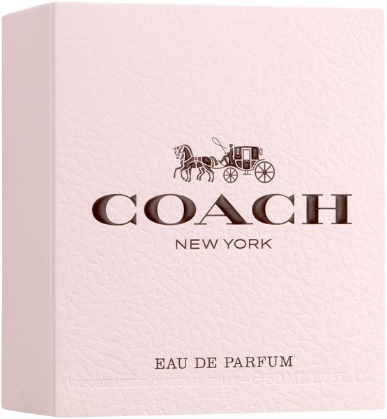 Confezione rosa con logo Coach e stemma della carrozza. Testo: COACH NEW YORK, Eau de Parfum.