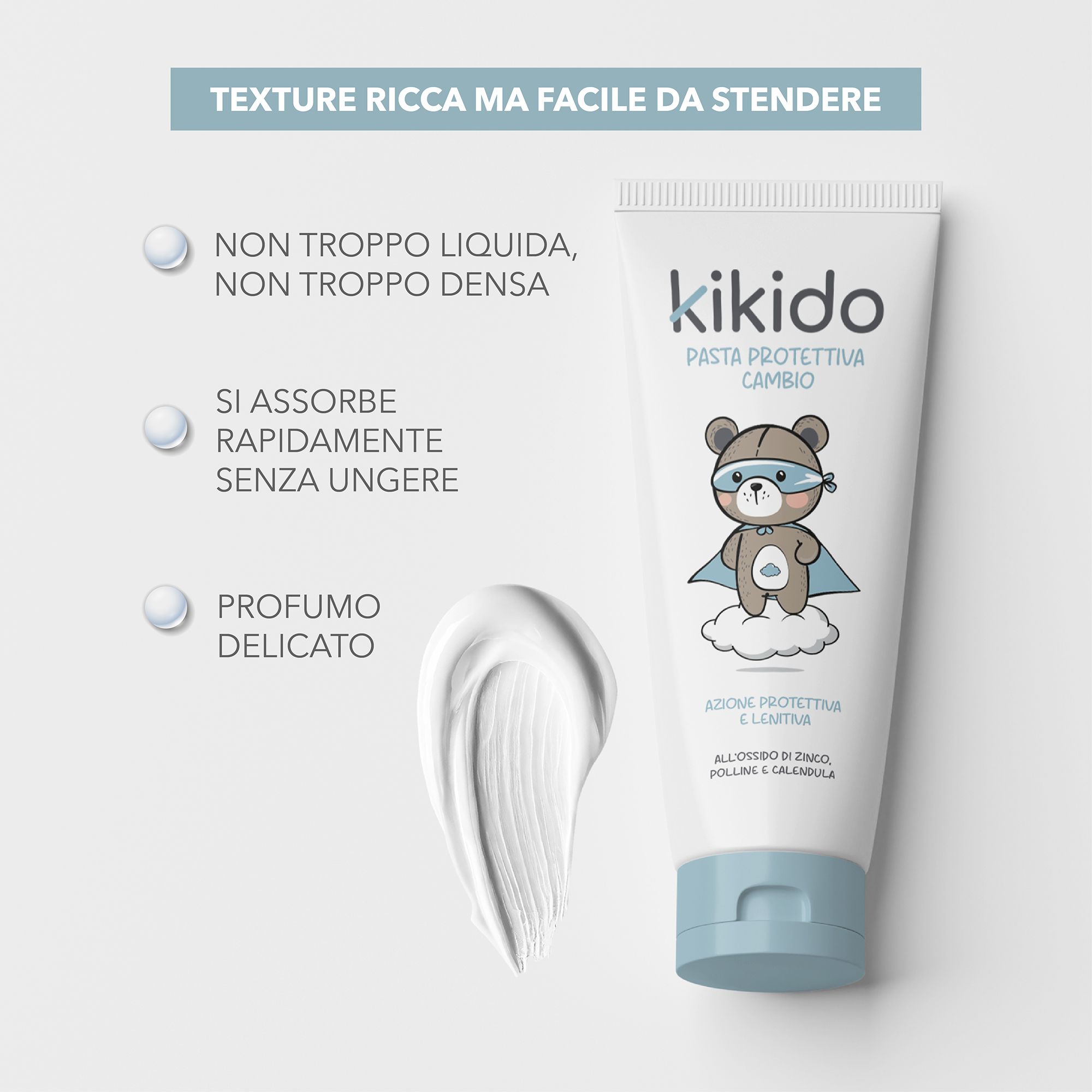 Tubo bianco con tappo blu. Scritta "kikido" e illustrazione di un orso. Testo: Pasta Protettiva Cambio. Descrizione della texture.