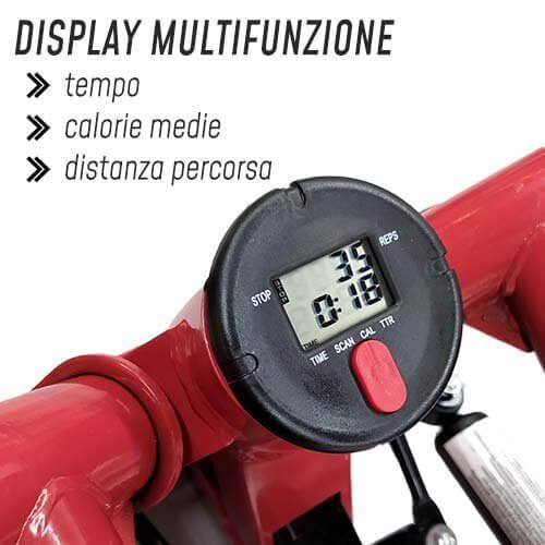 Display digitale di uno stepper. Mostra tempo, calorie e distanza. Pulsante rosso per avviare/arrestare.