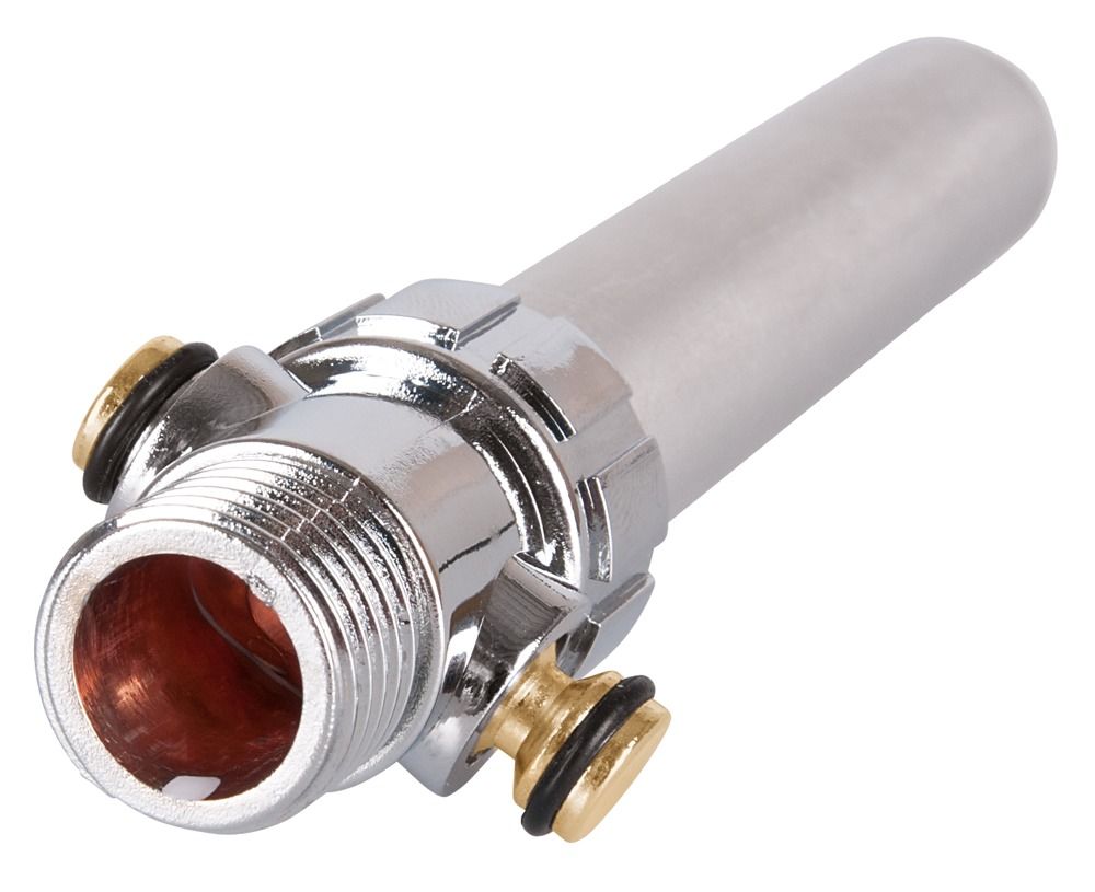 Doccia intima in alluminio. Corpo cilindrico, punta arrotondata e più ugelli. Attacco cromato.