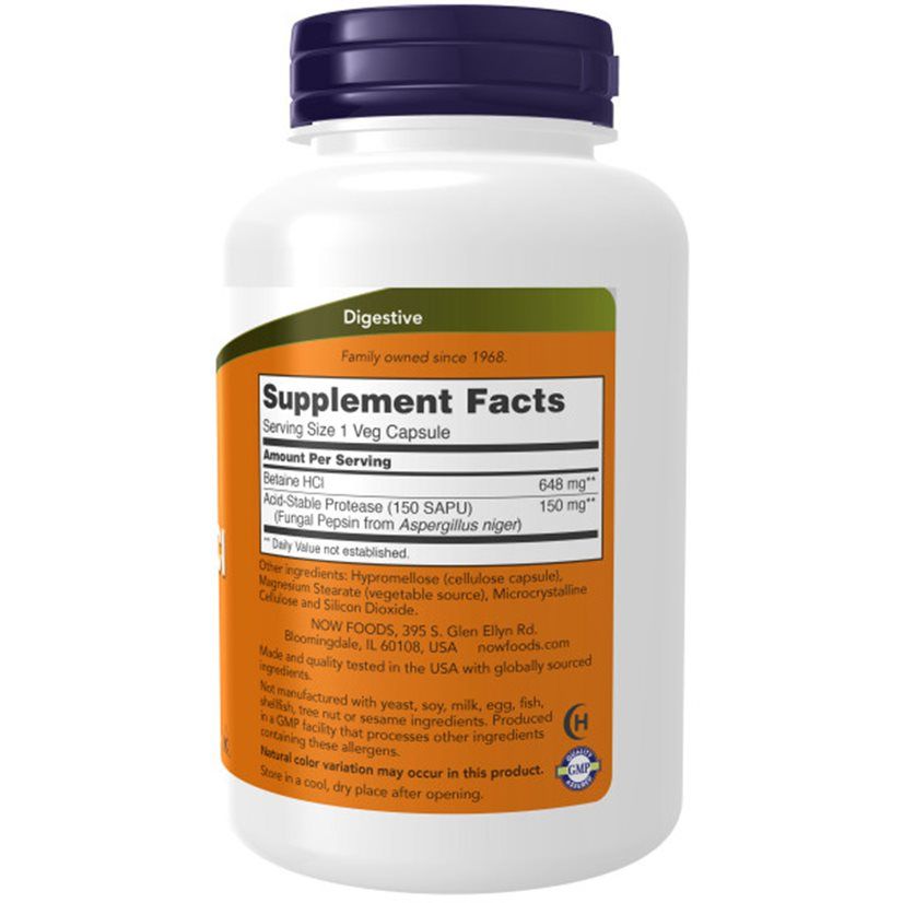 Retro del flacone. Etichetta arancione con informazioni nutrizionali. Testo: Betaine HCl, Anti-Stable Protease. Logo: NOW.
