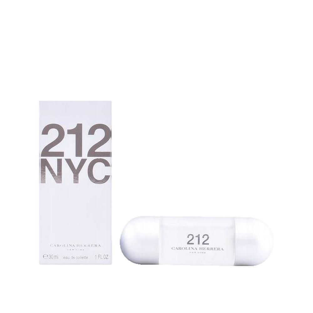 Flacone e confezione di profumo. Flacone cilindrico con estremità argentate. Scatola bianca con scritta 212 NYC.