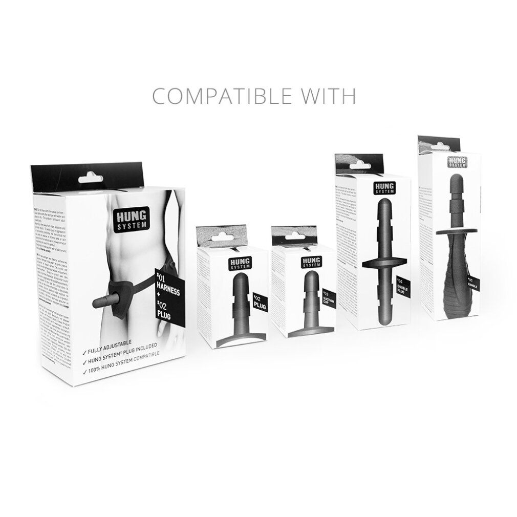Diverse confezioni di prodotti con logo "HUNG SYSTEM". Prodotti neri in scatole bianche. Testo: "COMPATIBLE WITH".