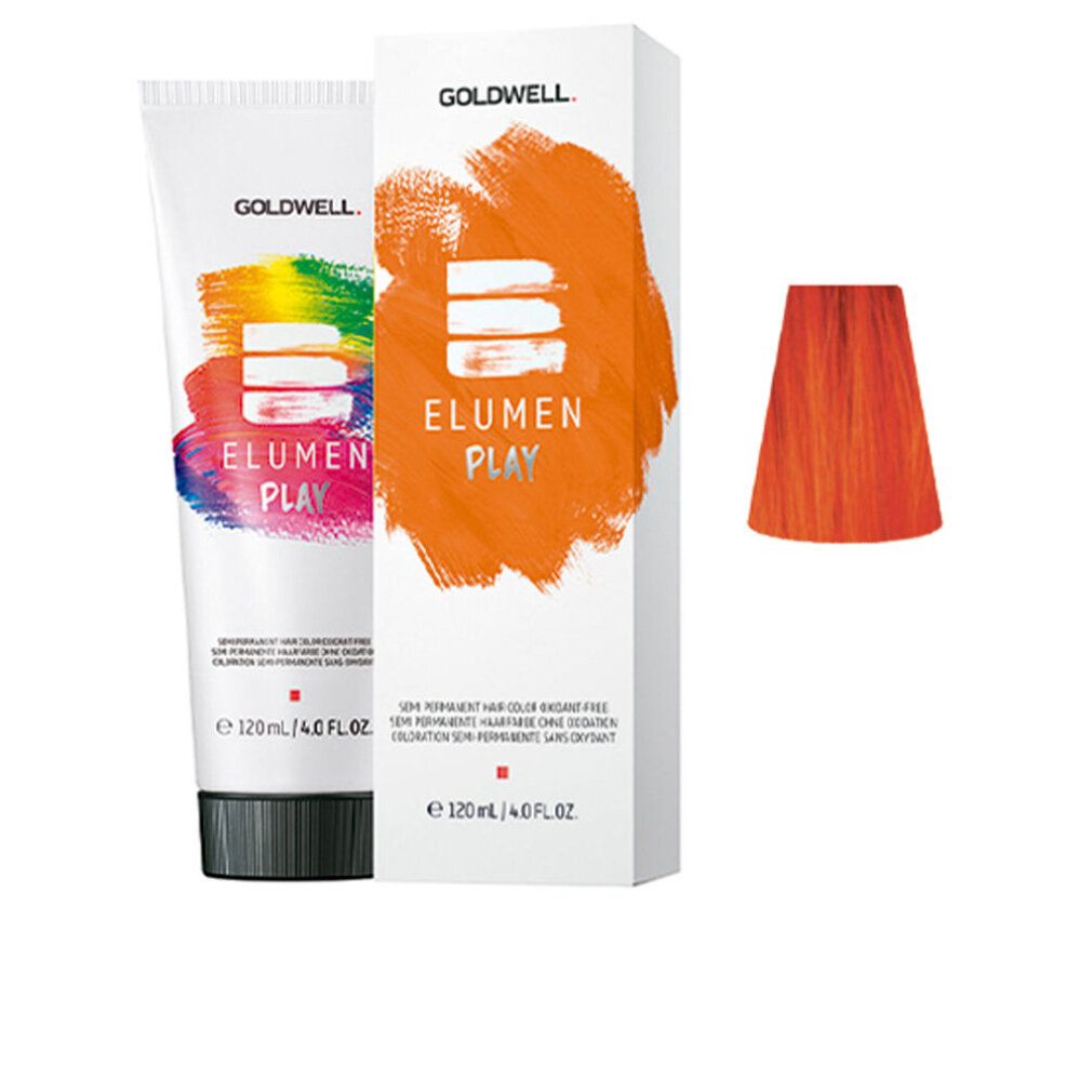 Colorazione arancione in tubo e scatola. Scritta: ELUMEN PLAY, GOLDWELL. Campione colore.