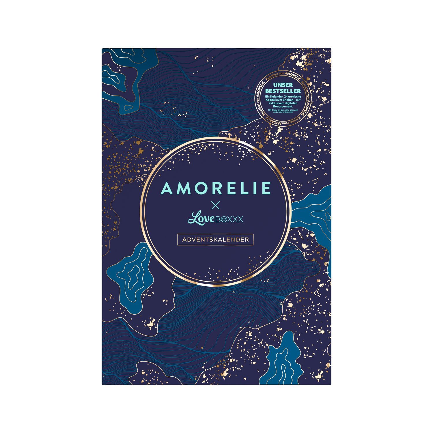 Fronte di un calendario dell'Avvento AMORELIE x Loveboxxx, design blu e stelle dorate.