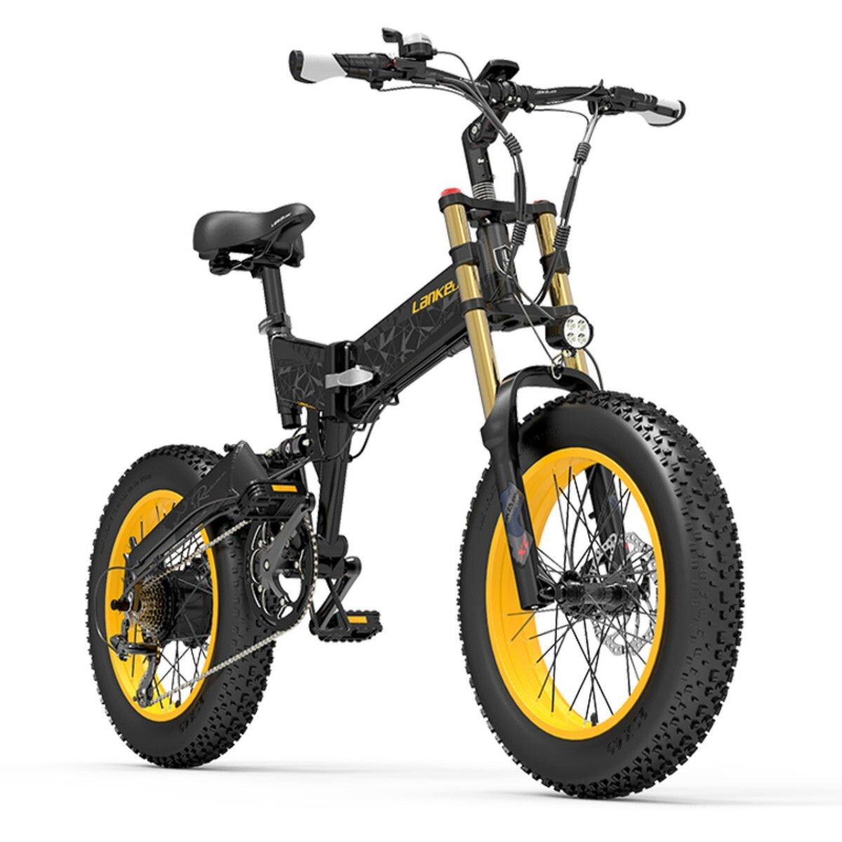 E-bike nero con cerchi gialli. Marchio LANKELEISI. Pneumatici larghi, faro anteriore, manubrio con comandi.