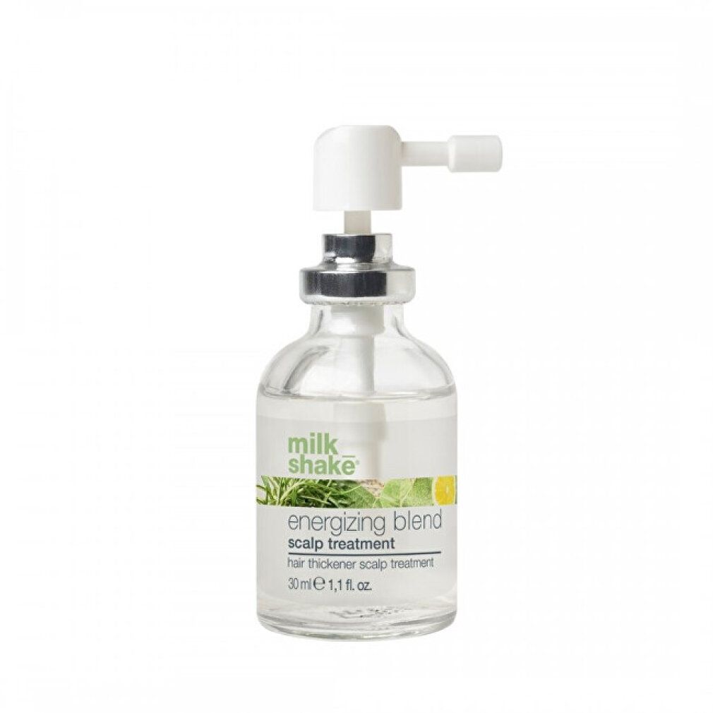 Flacone di vetro trasparente con vaporizzatore. Scritta: milk_shake energizing blend scalp treatment. 30ml.