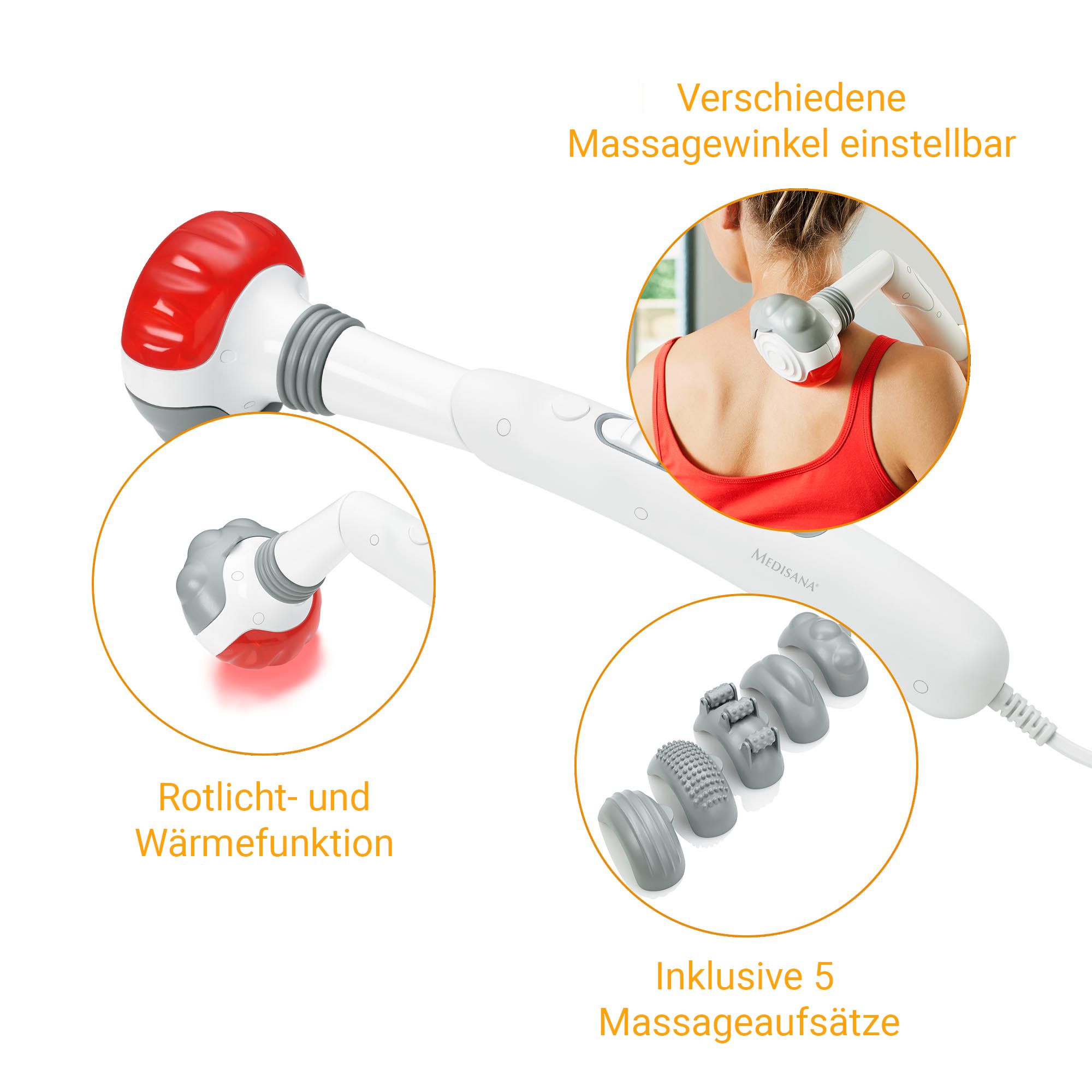 Massaggiatore manuale Medisana: luce rossa, calore, 5 accessori, angoli regolabili.