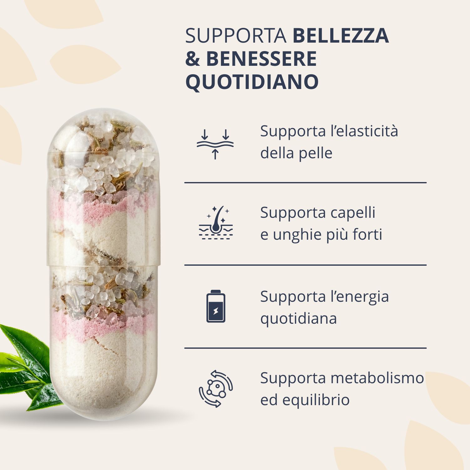Flacone Golden Tree Collagen GlowFit con elenco degli ingredienti: Complesso di collagene, estratto di tè verde, biotina, CLA e Garcinia.