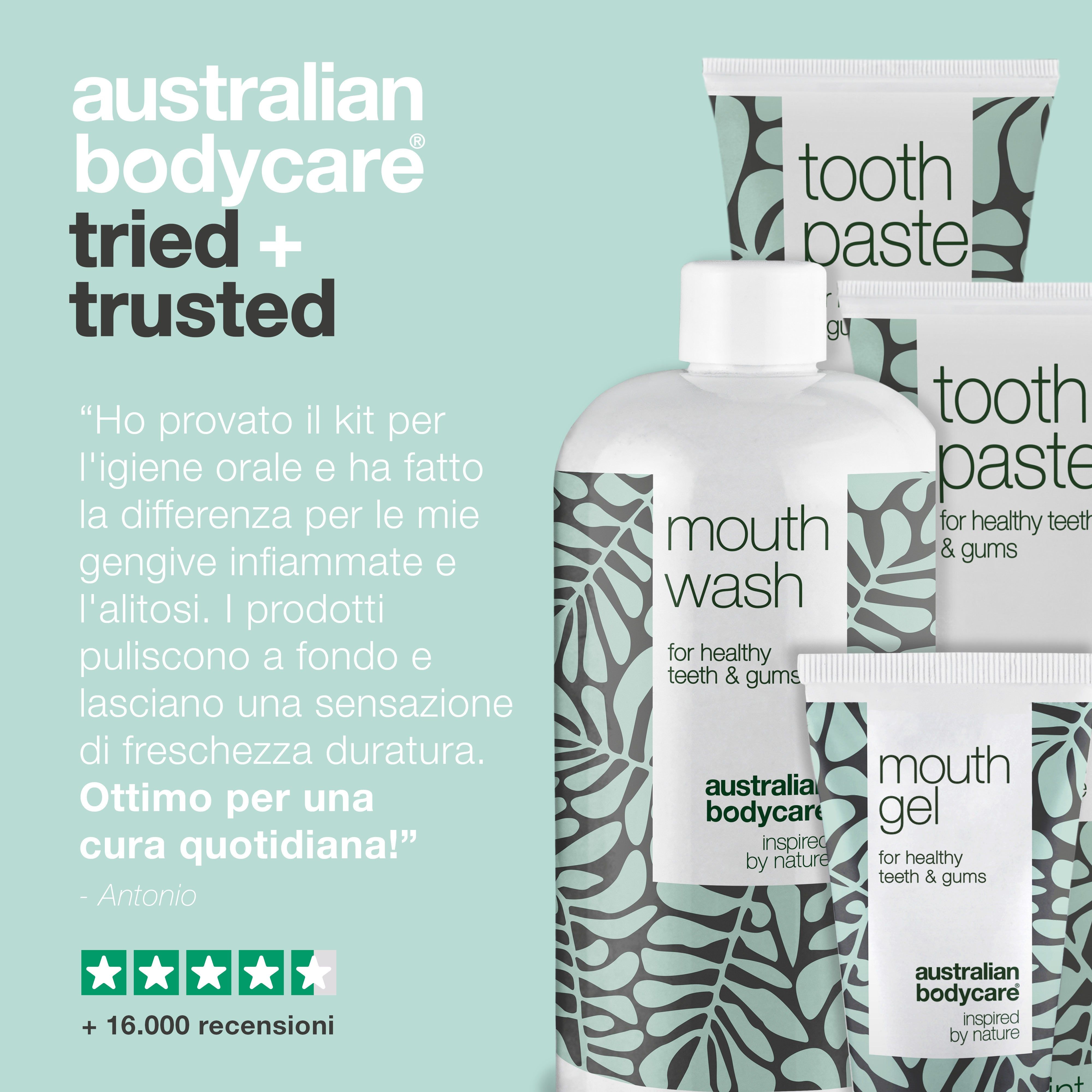 Prodotti per l'igiene orale. Testo: Australian Bodycare. Citazione: la salute orale è notevolmente migliorata. +16.000 recensioni.