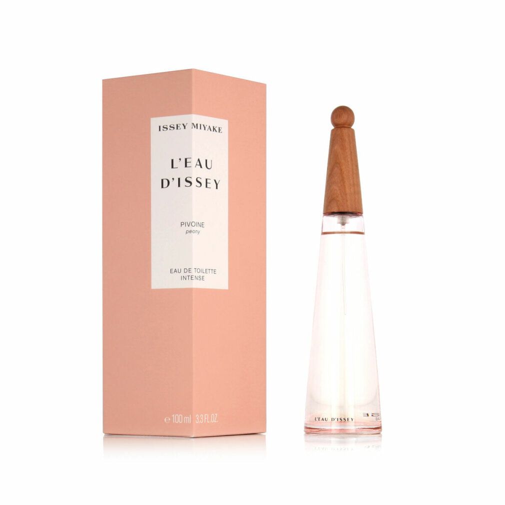 Flacone e confezione rosa. Scritta: ISSEY MIYAKE, L'EAU D'ISSEY, Pivoine, Eau de Toilette Intense.