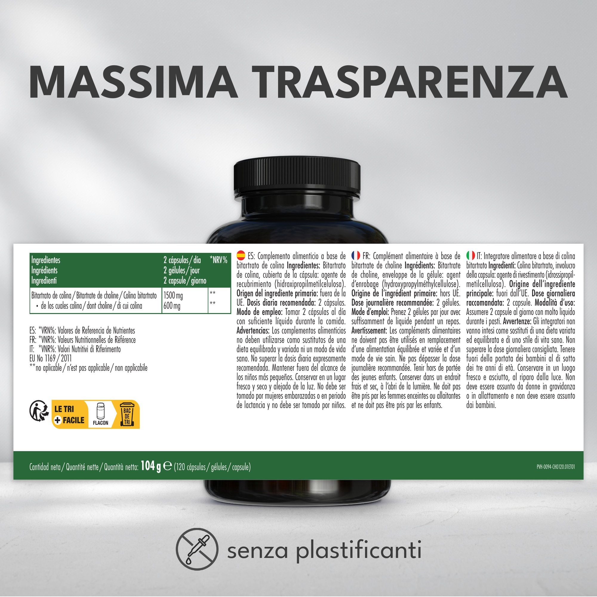 Contenitore scuro con capsule, retro con informazioni nutrizionali e ingredienti in più lingue.