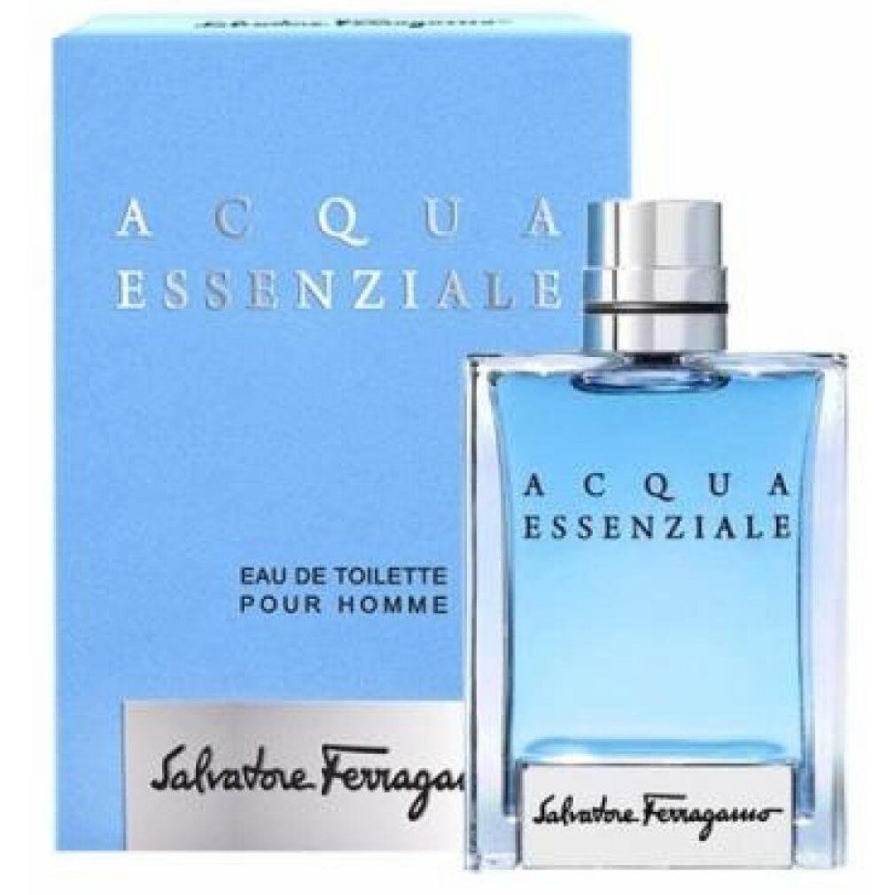 Flacone e confezione. Scritta: Acqua Essenziale. Sotto: Salvatore Ferragamo. Confezione: blu. Flacone: rettangolare, tappo argentato.