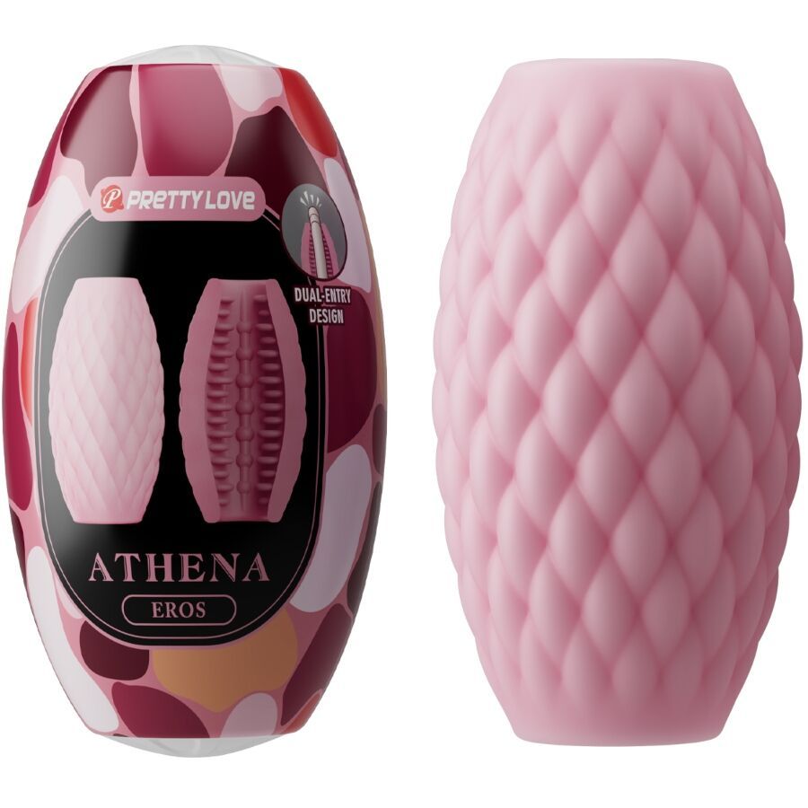 Masturbatore in silicone rosa con motivo a rombi, smontato con il suo contenitore.
