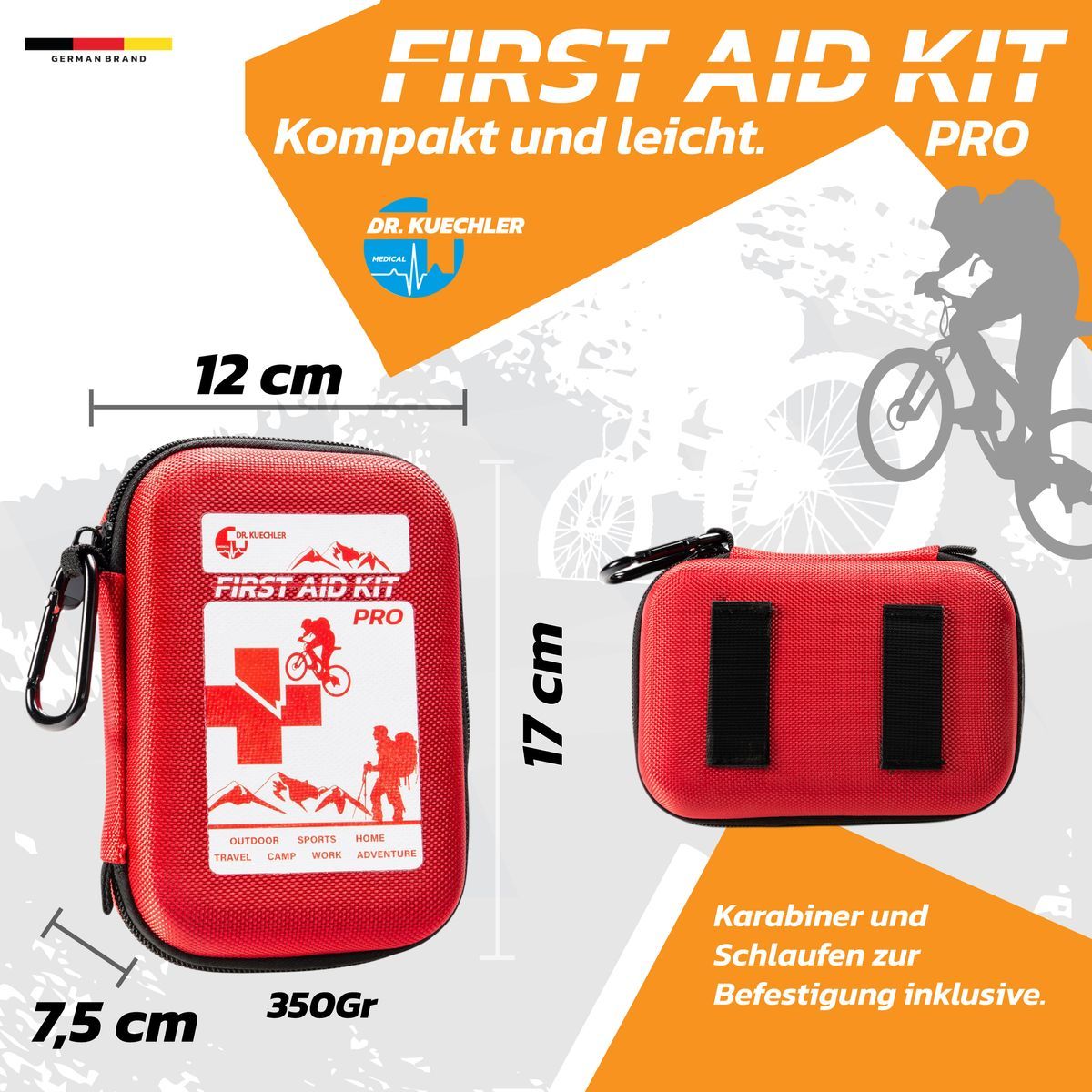 Kit di pronto soccorso rosso con moschettone. Dimensioni: 12 x 17 x 7,5 cm. Peso: 350g. Testo: FIRST AID KIT PRO. Moschettoni e passanti per il fissaggio.